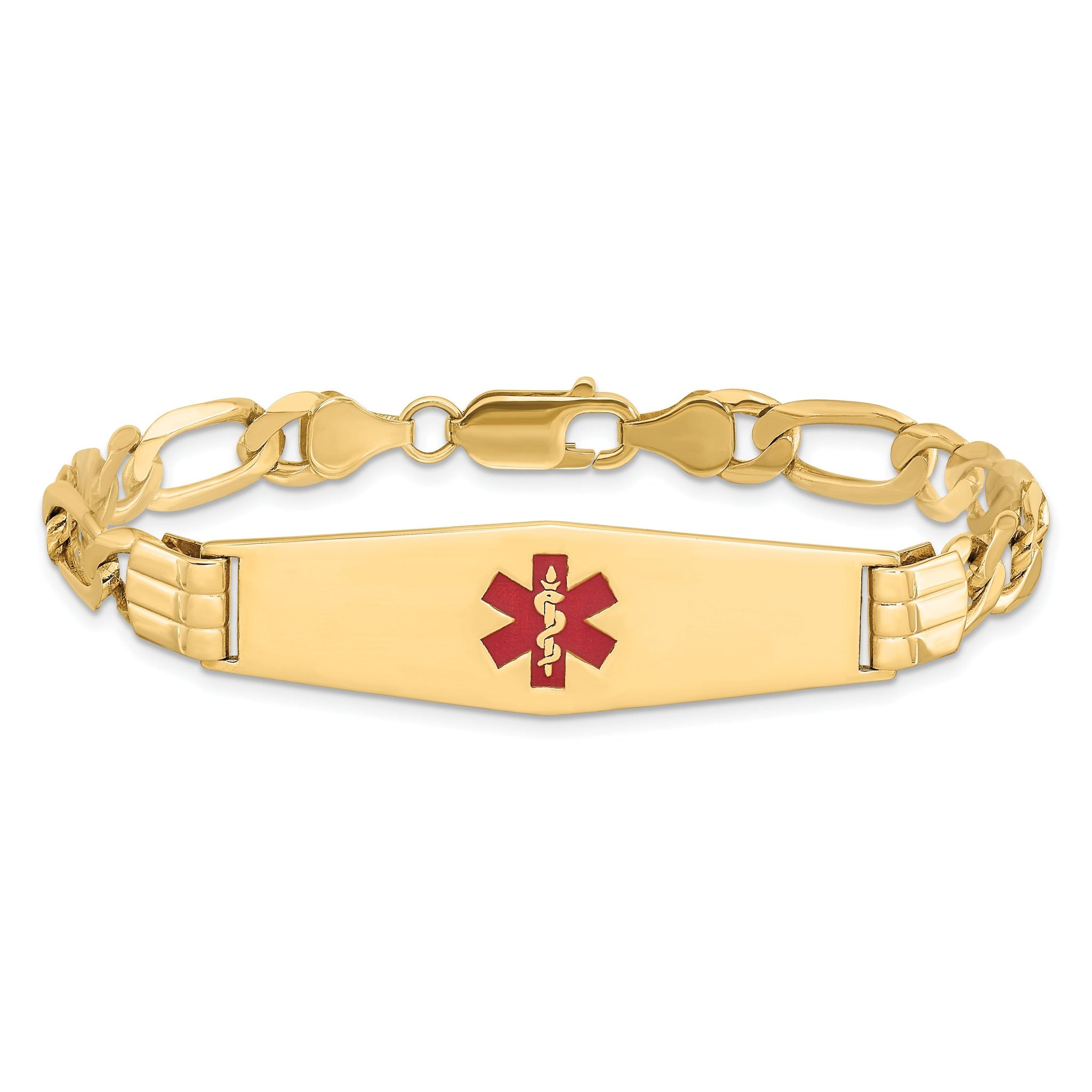 14K Medical Solid Chain/Solid Plate Soft Diamond Shape 40x12mm Centered Red Enamel Flat Figaro Link 8 inch ID Bracelet