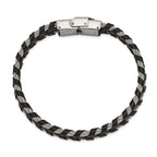 Stainless Steel Polished Cable and Black Leather Bracelet for Men