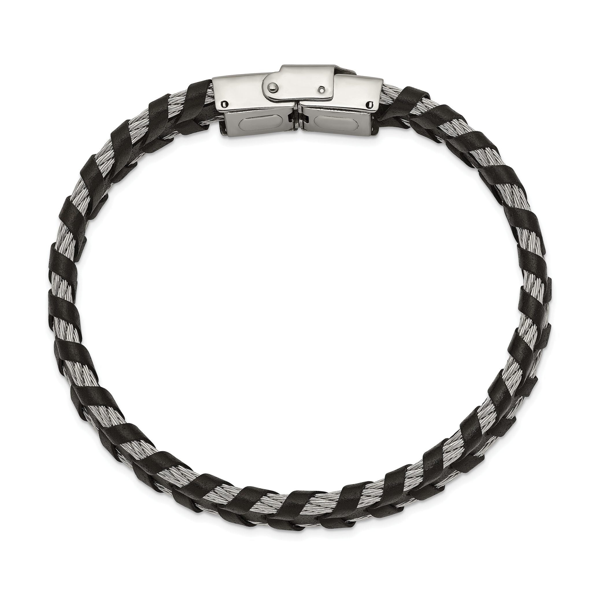 Stainless Steel Polished Cable and Black Leather Bracelet for Men