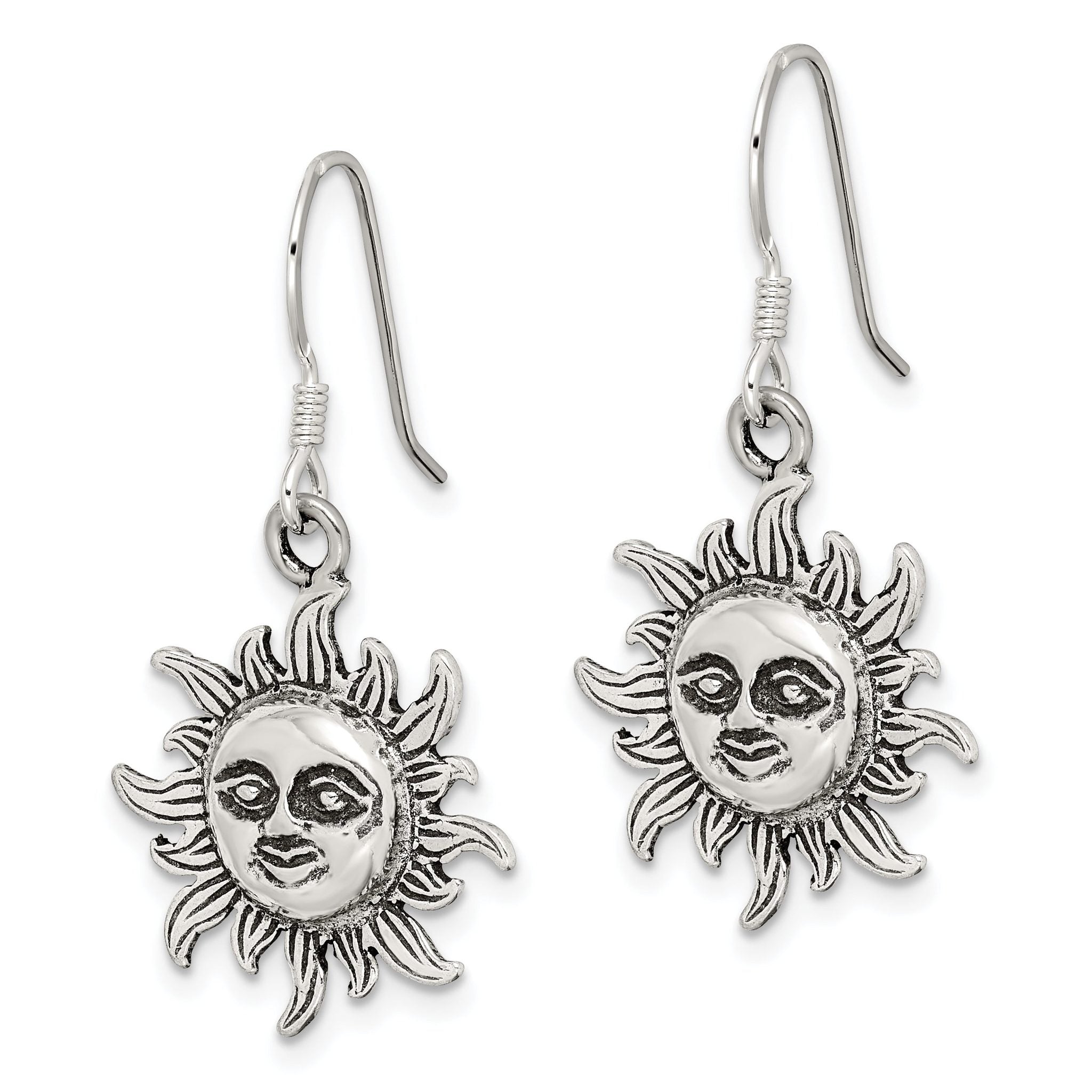 Antiqued 925 Sterling Silver Sun Earrings with French Wire Dangle Design Secondary image
