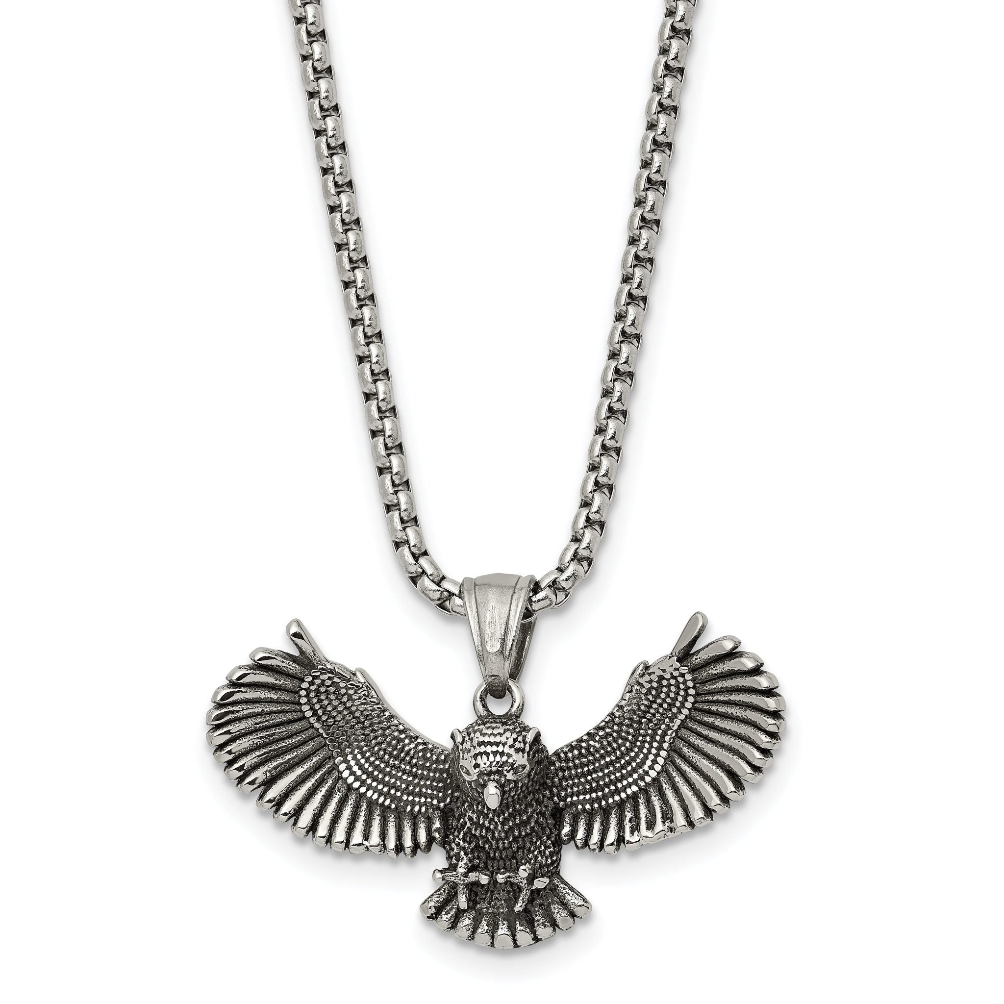 Chisel Stainless Steel Antiqued and Polished Flying Owl Pendant on a 24 inch Box Chain Necklace Main image