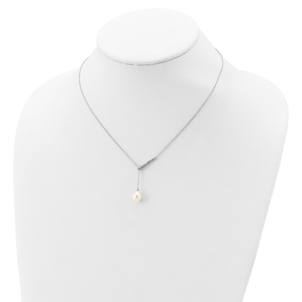 Sterling Silver Rhodium-plated CZ Bar/FWC Pearl w/2in ext Necklace