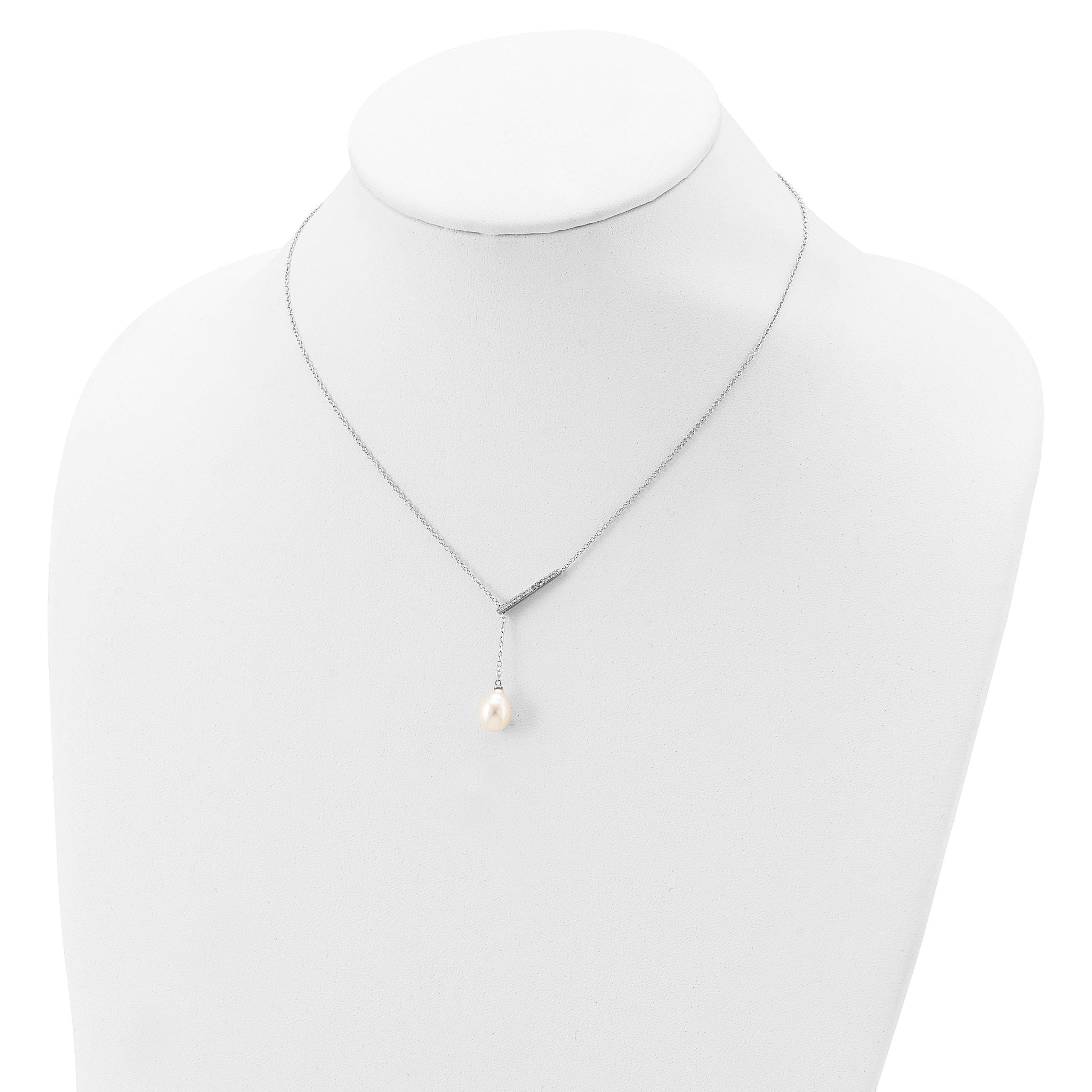 Sterling Silver Rhodium-plated CZ Bar/FWC Pearl w/2in ext Necklace