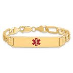 14K Medical Solid Chain/Solid Plate 40x10mm Centered Red Enamel Flat Figaro Link 8 inch ID Bracelet