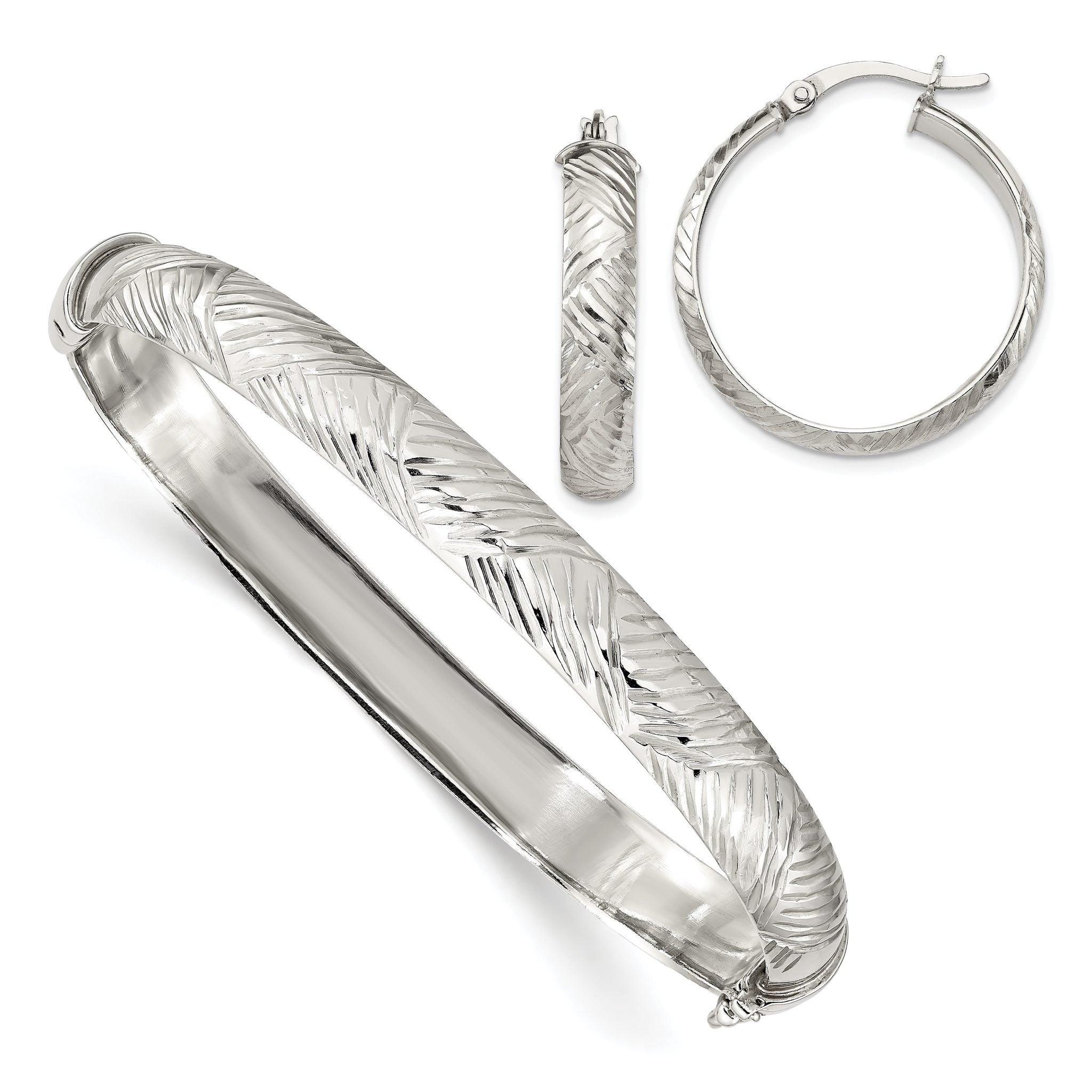 Sterling Silver Diamond Cut 7.5mm Bangle and 5mm Hoop Earring Set Secondary image