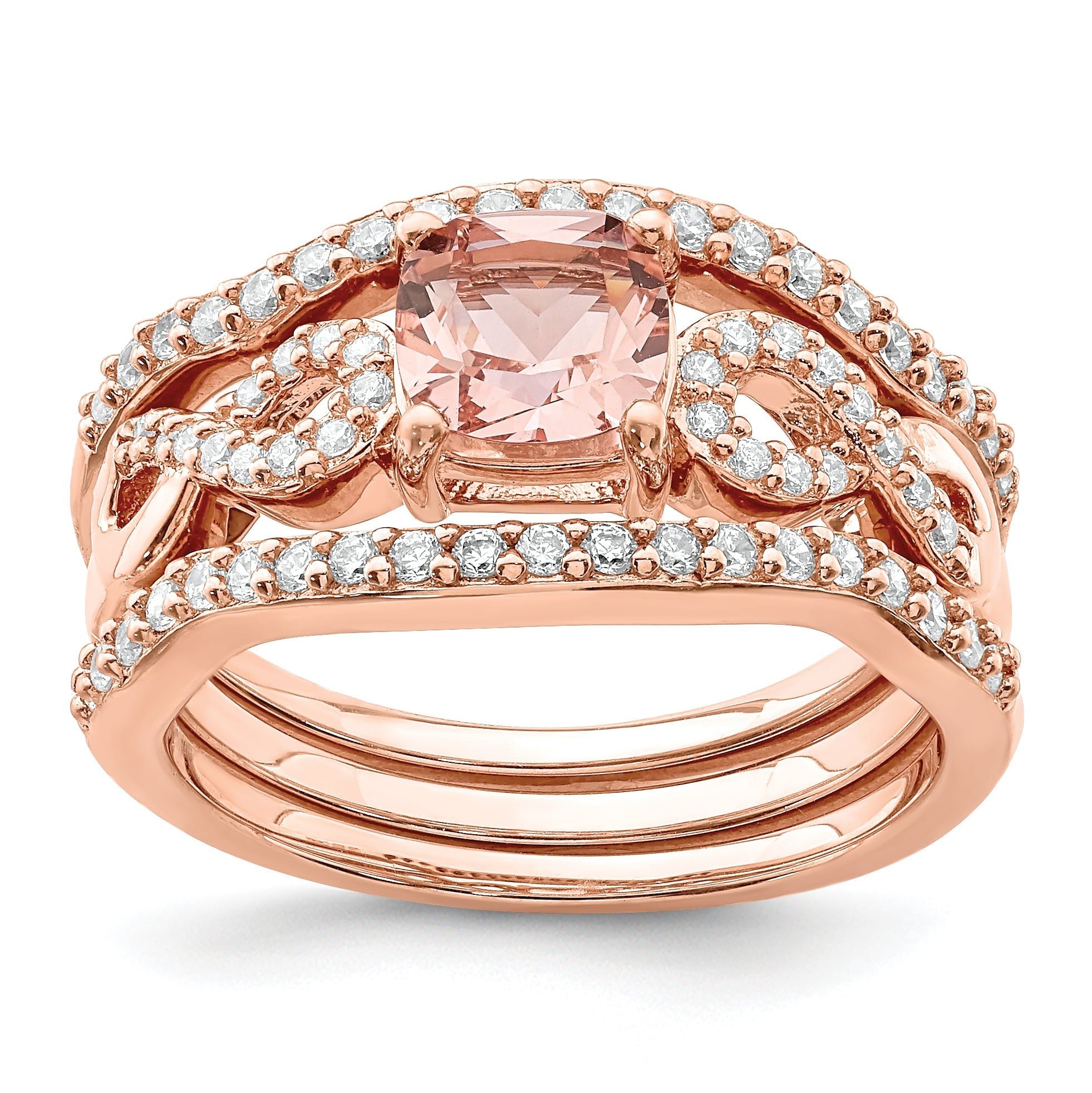 Sterling Silver Rose-tone 3 Piece Pink Crystal & Cubic Zirconi Ring Set Main image