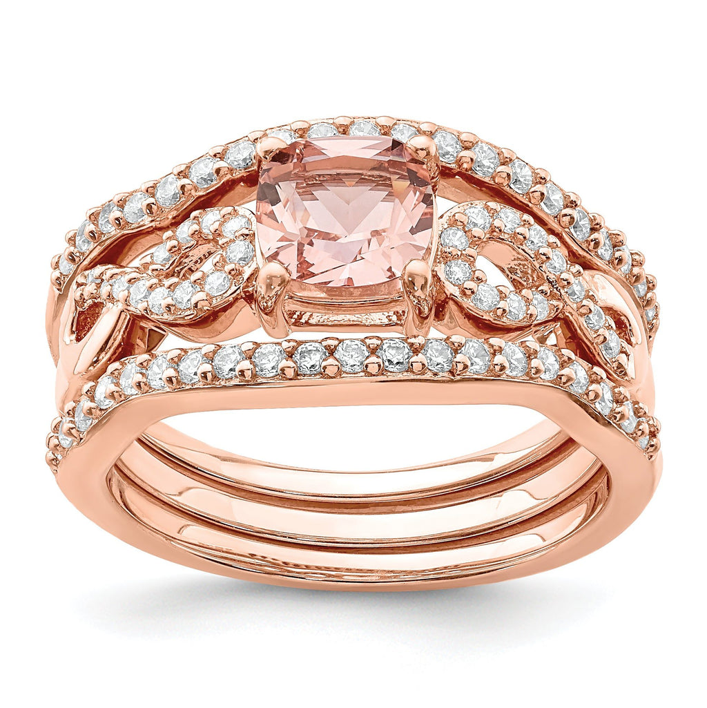 Sterling Silver Rose-tone 3 Piece Pink Crystal & Cubic Zirconi Ring Set