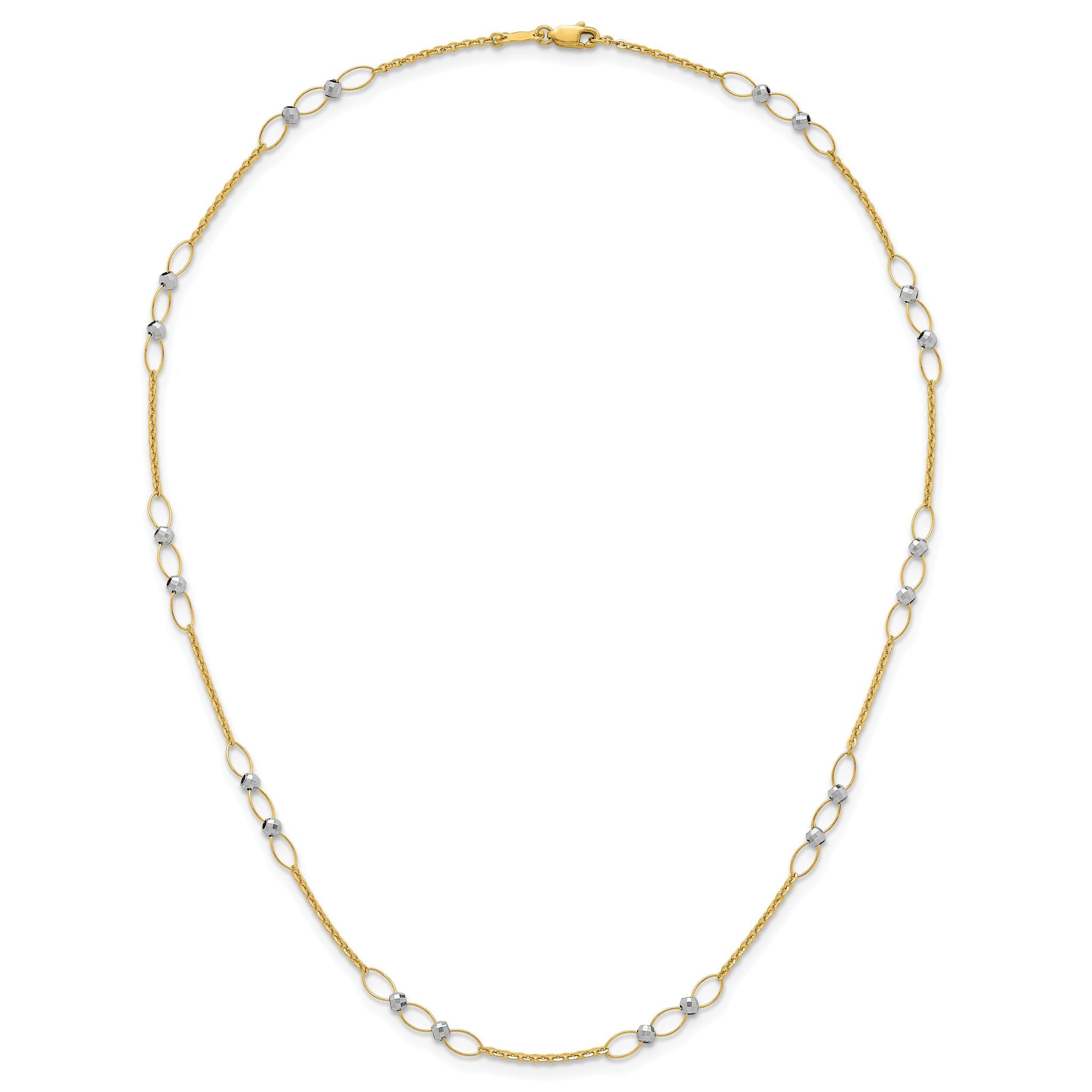 14k Two-tone Polished Oval Links and Faceted Beads 18 inch Necklace
