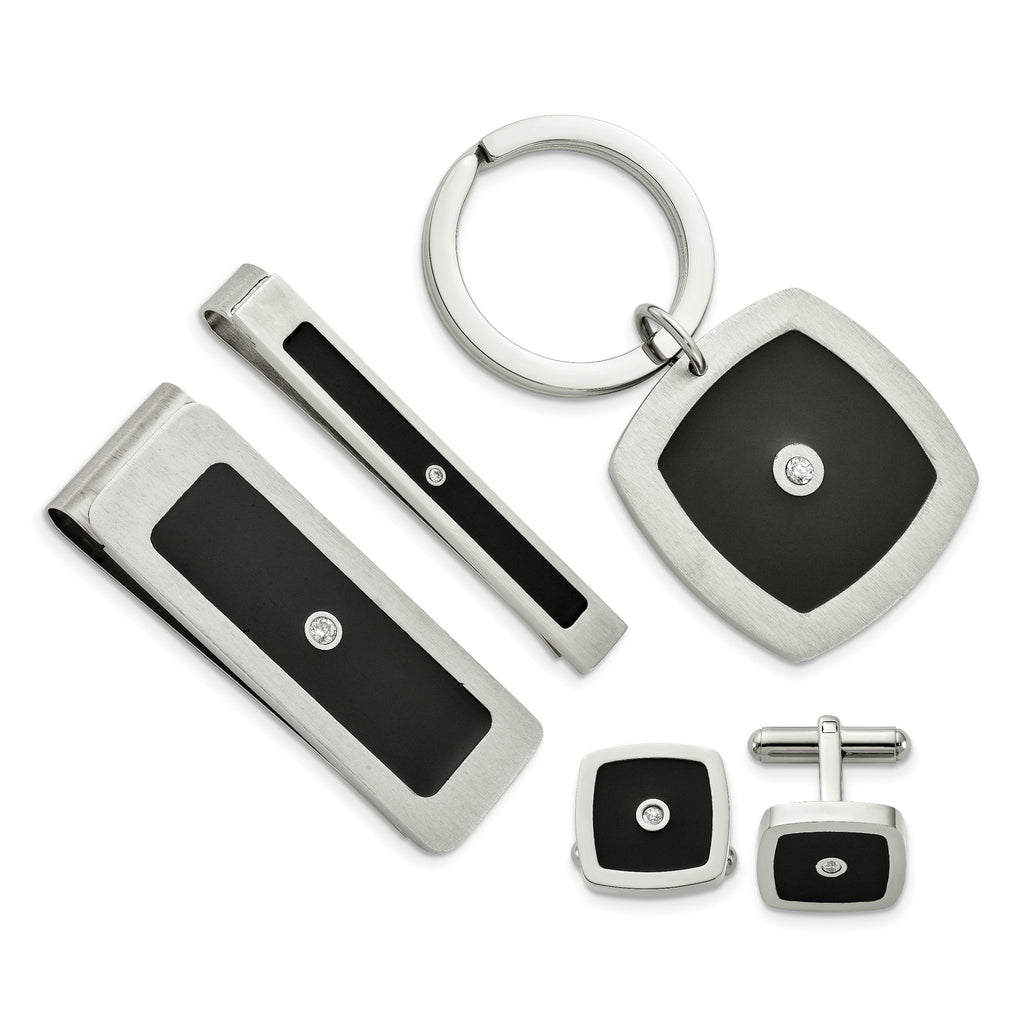 Chisel Stainless Steel Men's Jewelry Set with Black Enamel and CZ