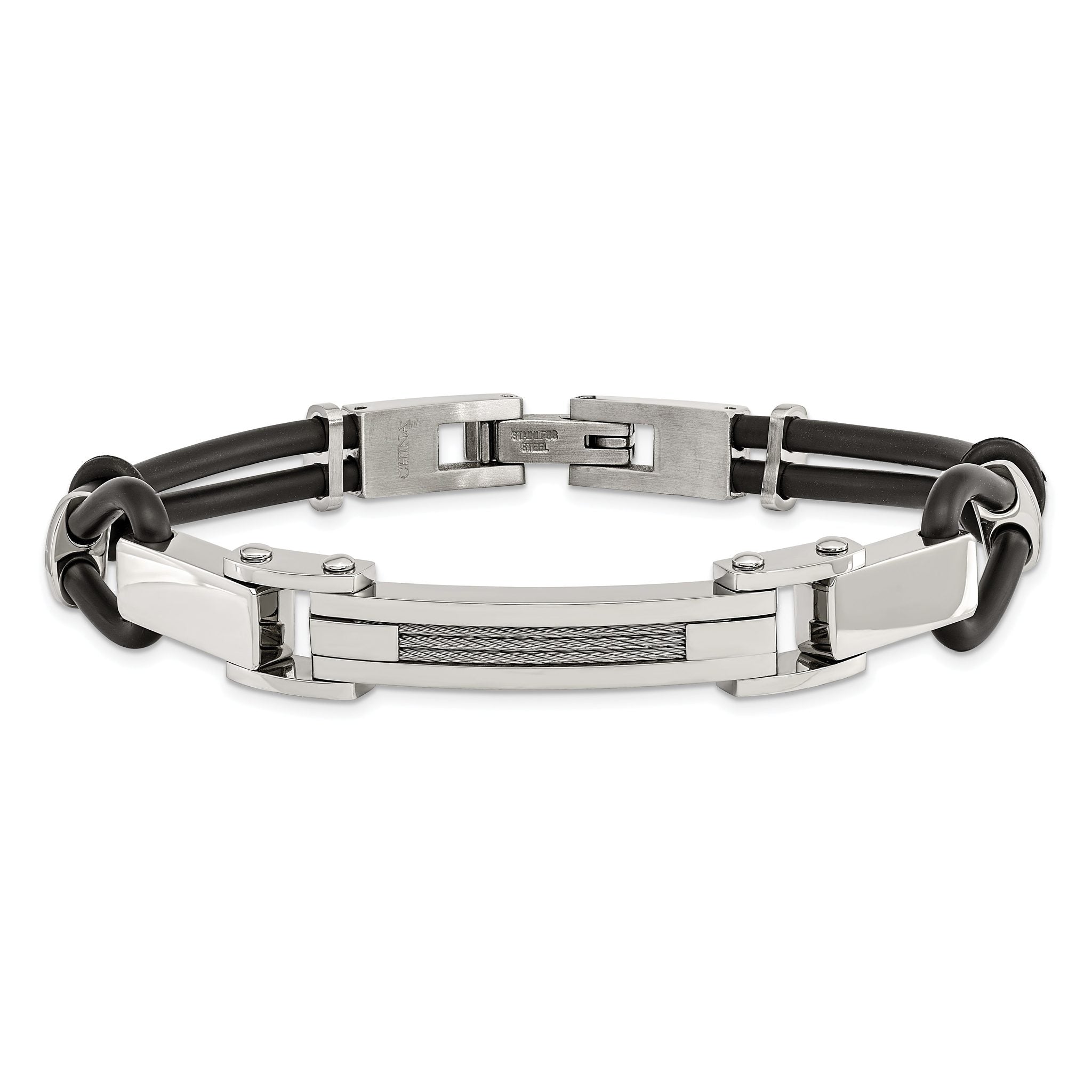 Stainless Steel Polished with Wire Inlay and PU Cord Bracelet for Men