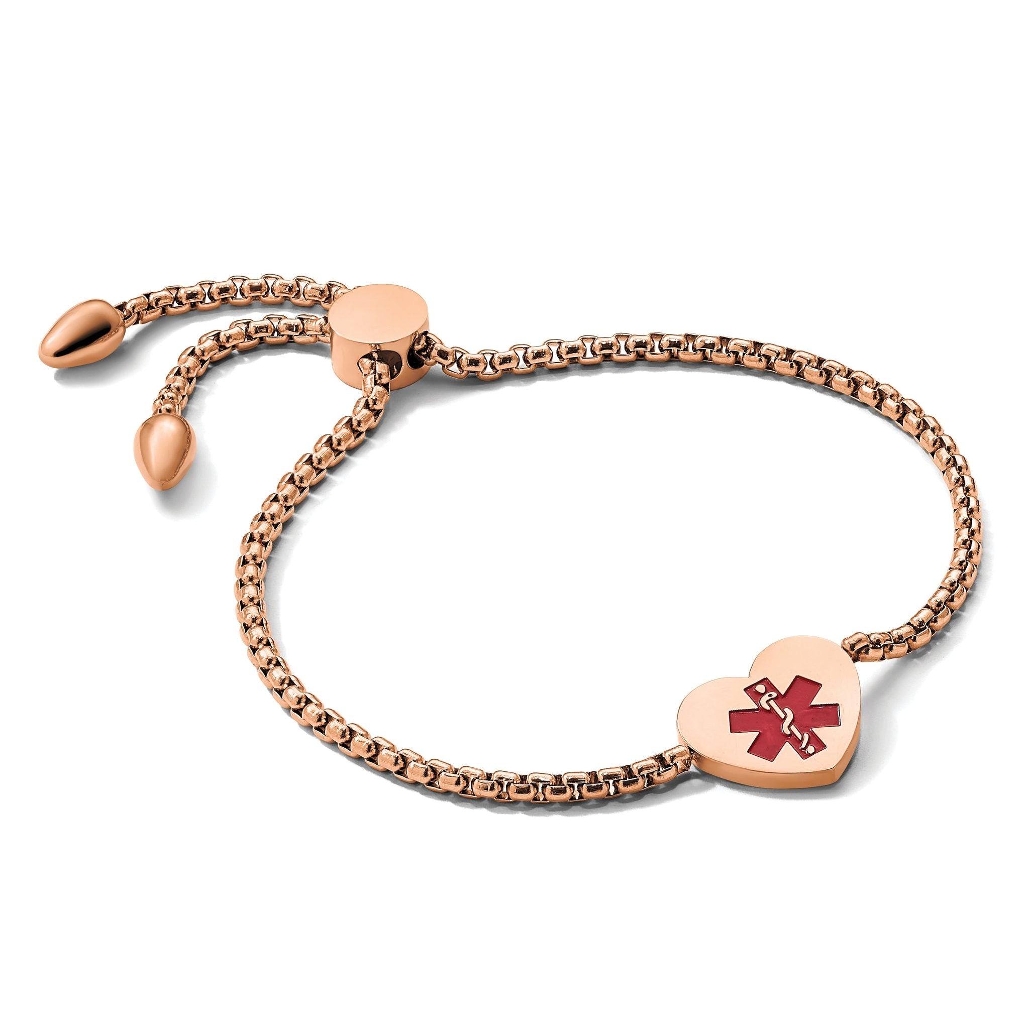 Stainless Steel Polished Rose IP-plated with Red Enamel Heart Medical ID Adjustable Bracelet for Women