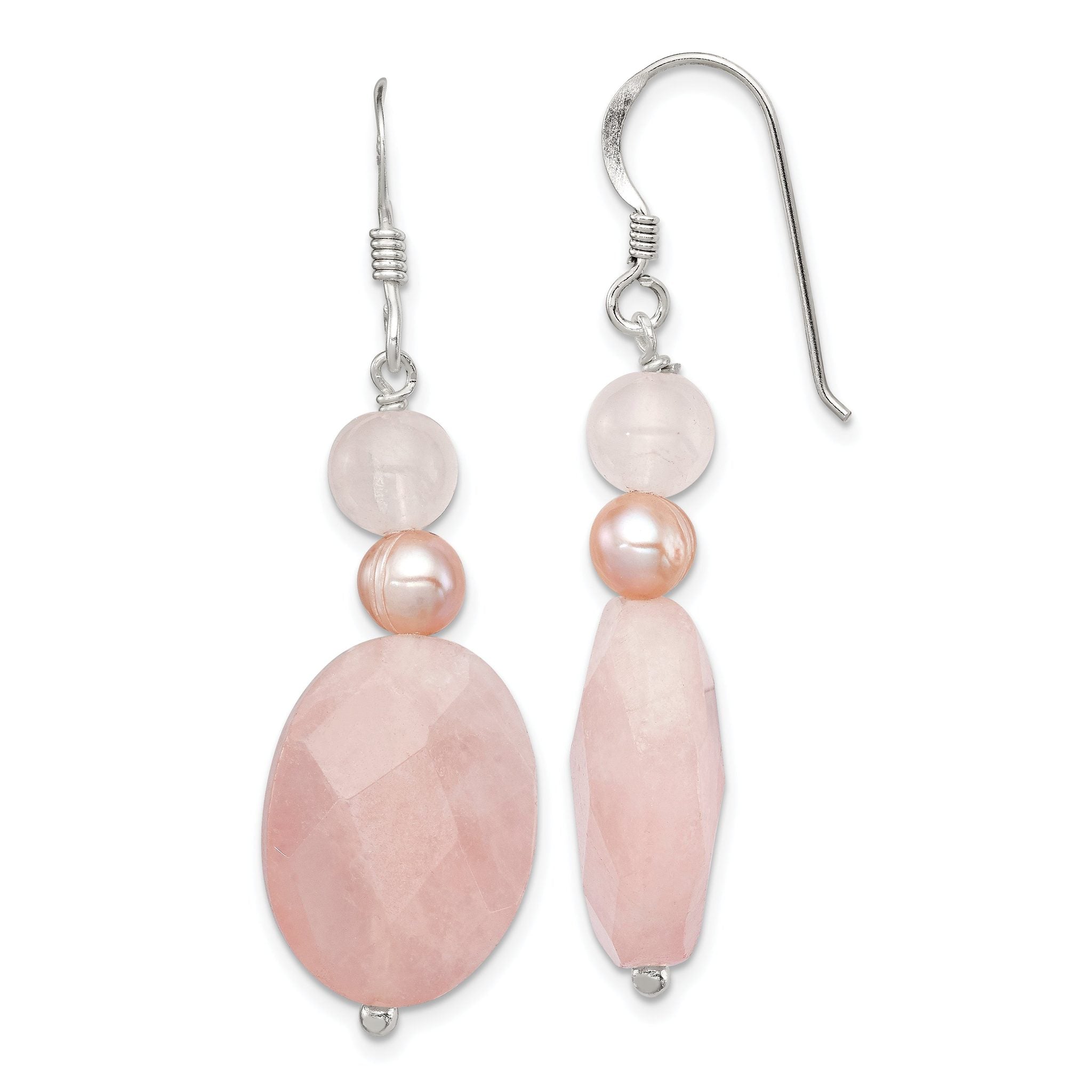 Sterling Silver Polished Rose Quartz & Pink FWC Pearl Dangle Earrings Main image