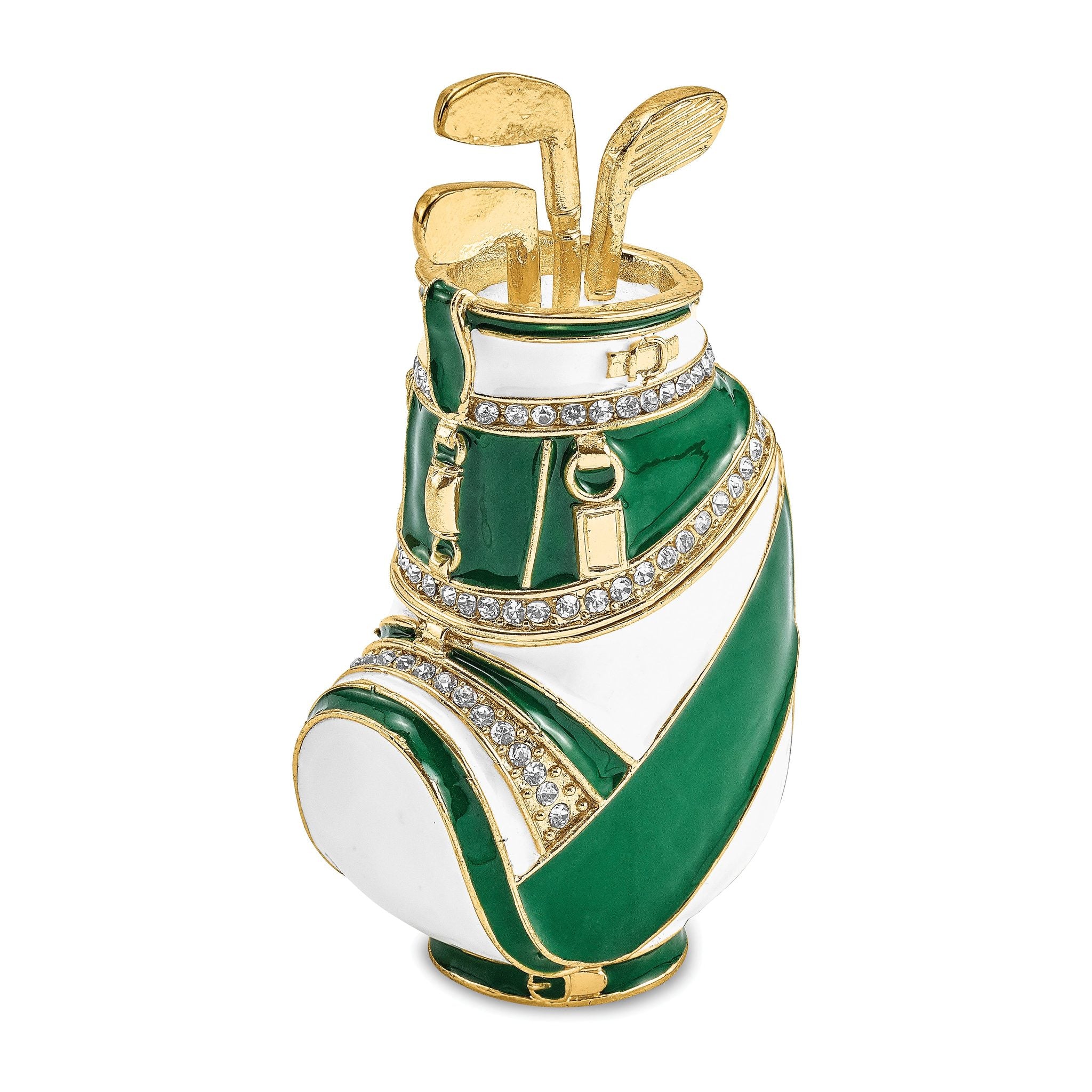Luxury Giftware Pewter Bejeweled Crystals Gold-tone Enameled GAME OF FORES Golf Bag Trinket Box with Matching 18 Inch Necklace Main image
