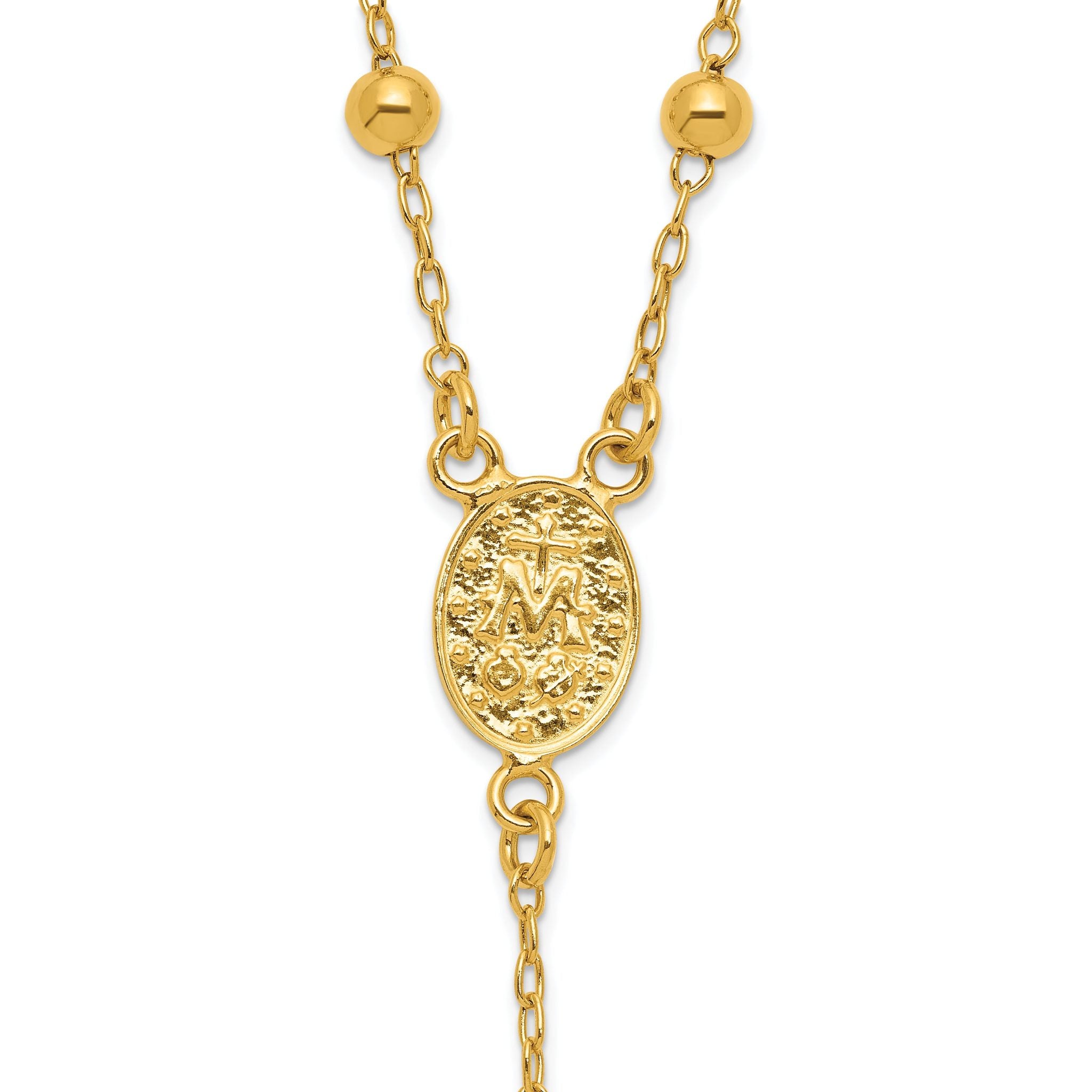 Sterling Silver Gold-tone Polished and Beaded Rosary 24 inch Necklace