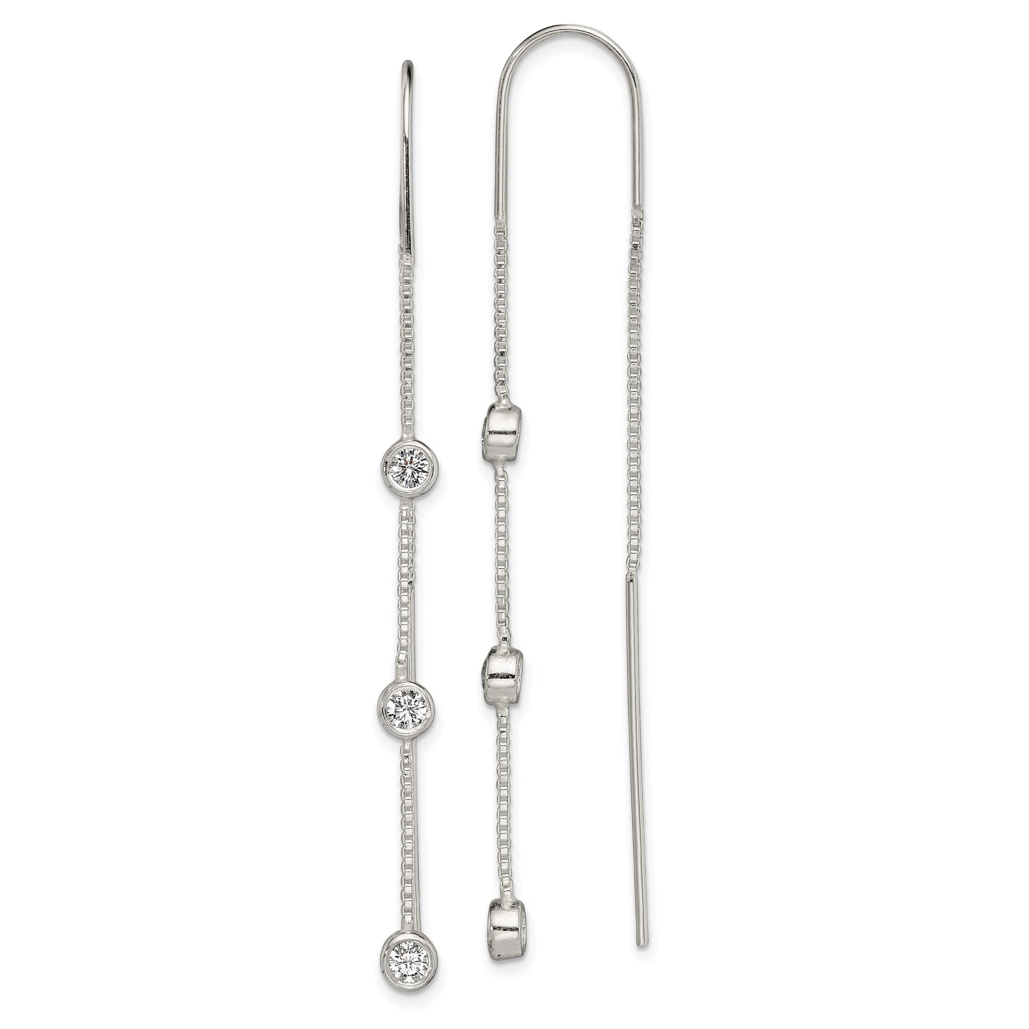 Sterling Silver Polished 3 Bezel Set CZs Threader Earrings Main image