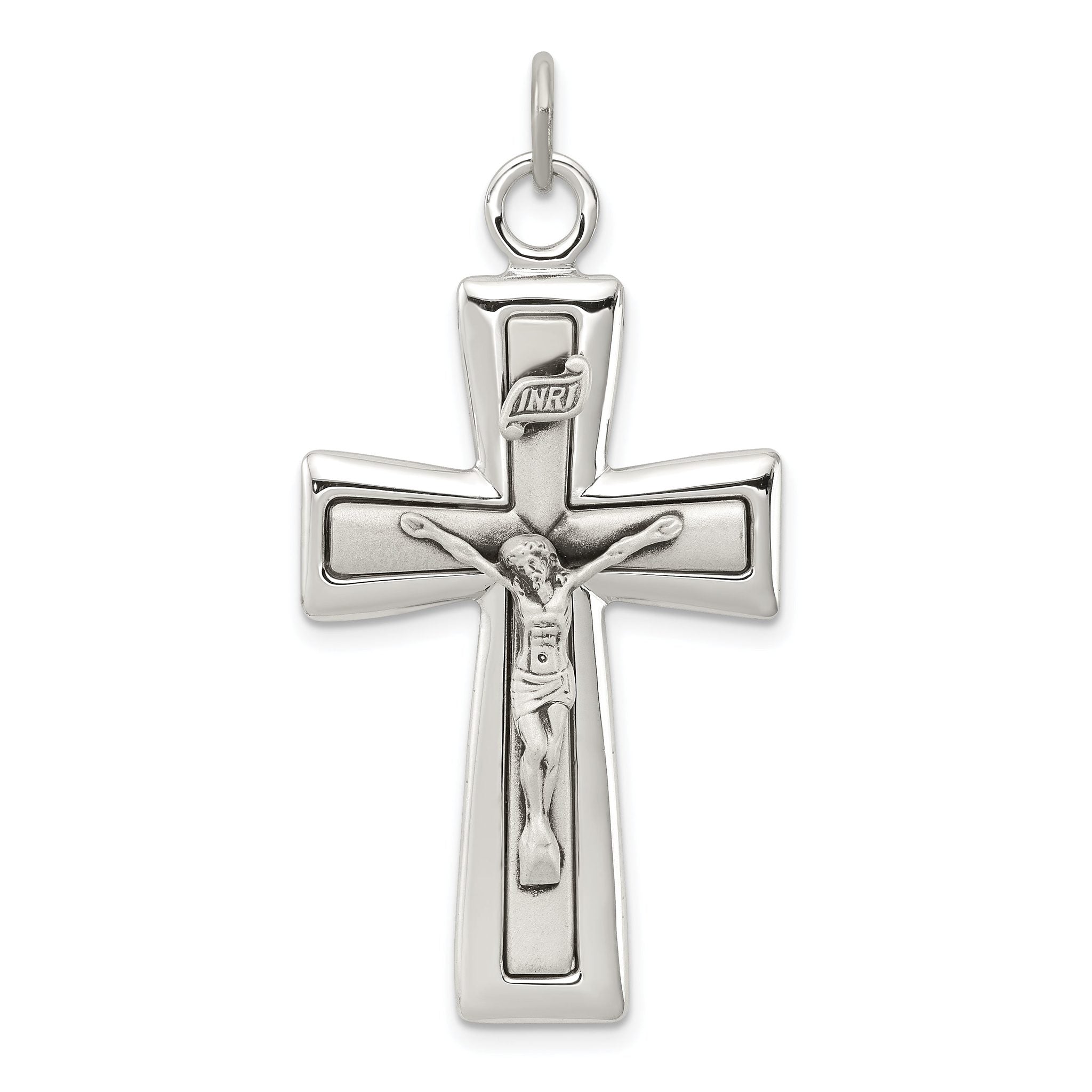Sterling Silver 925 INRI Crucifix Pendant with Platinum Plating Polished Finish