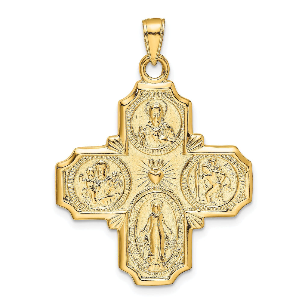 14K Gold Polished Four-Way Medal Pendant with Detailed Themed Design