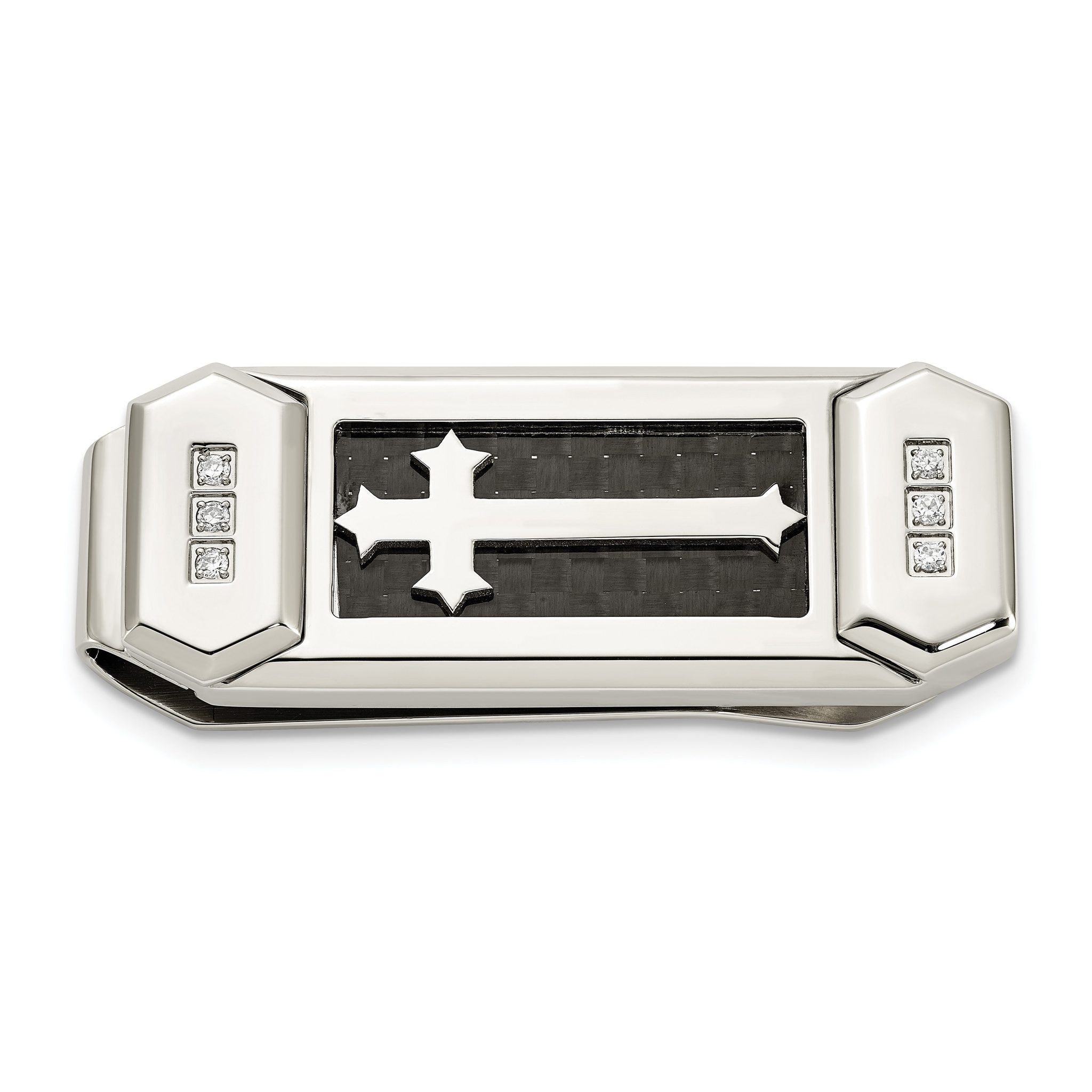 Chisel Stainless Steel Polished with CZ and Carbon Fiber Inlay Cross Money Clip Main image