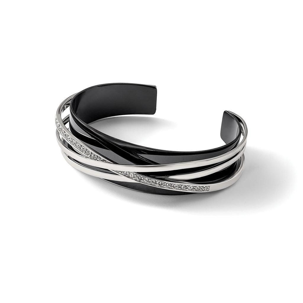 Stainless Steel Polished Black IP-plated with Crystals Layered Cuff Bangle Bracelet for Women