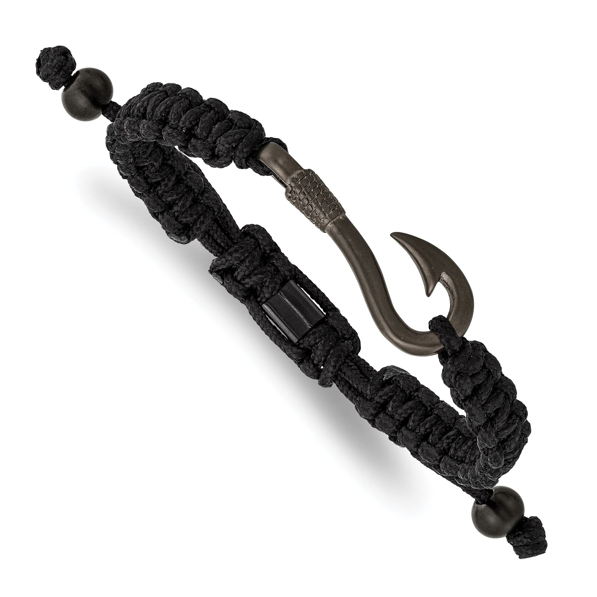 Stainless Steel Brushed Gun Metal IP-plated Fishing Hook Black Nylon Adjustable Bracelet