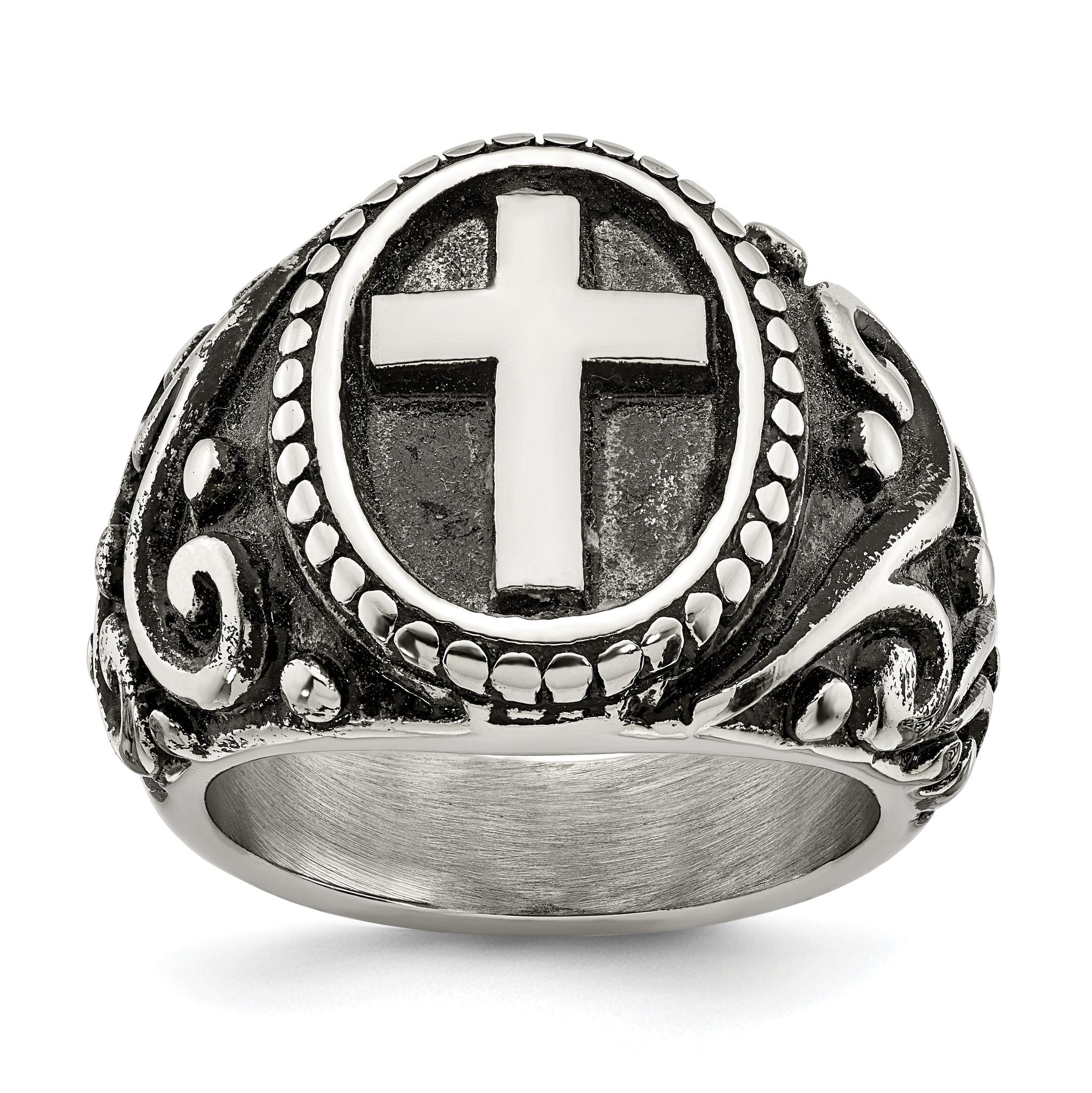 chisel Stainless Steel Antiqued and Polished Cross Ring Main image