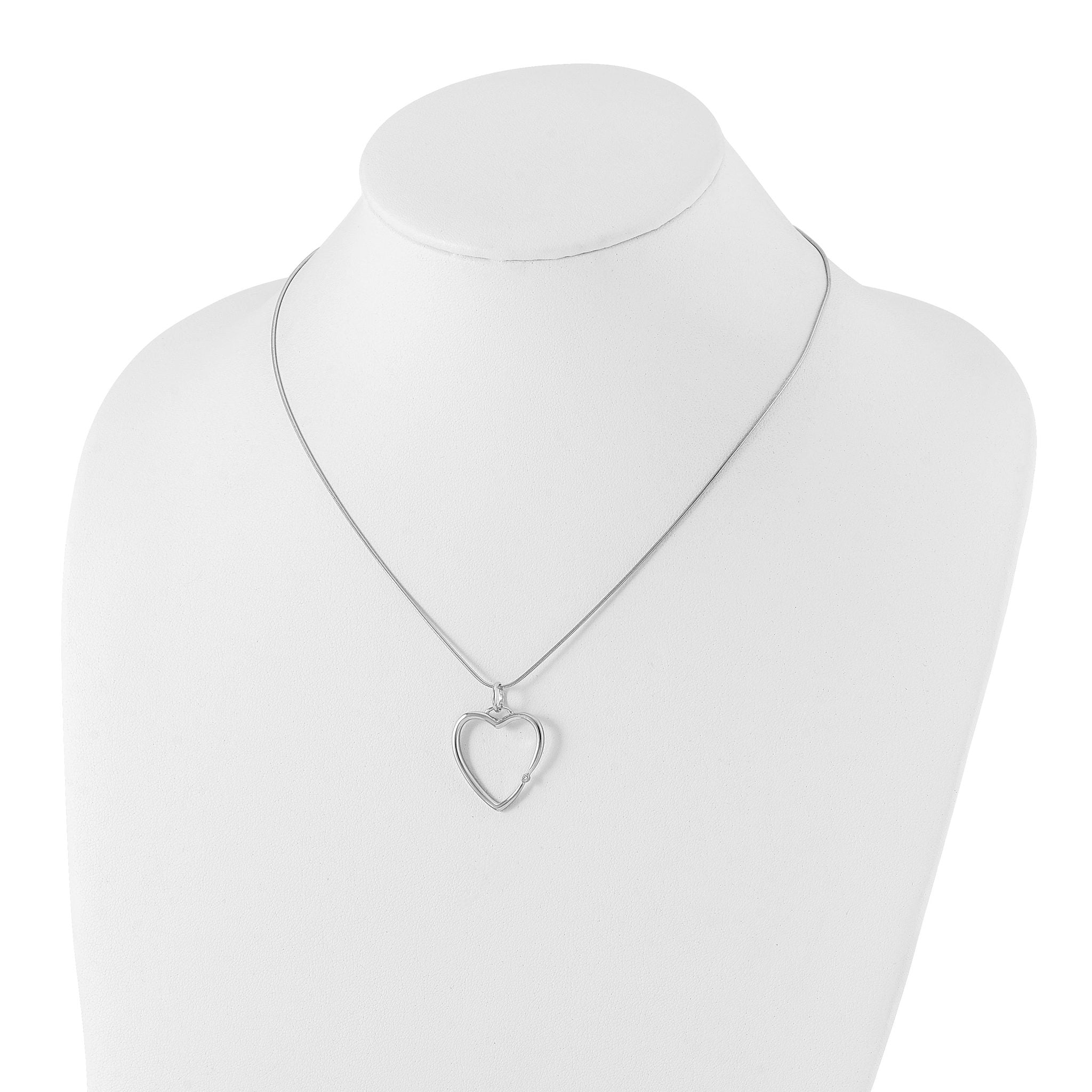 Sterling Silver Diamond Heart Necklace with Rhodium Polish & Extender