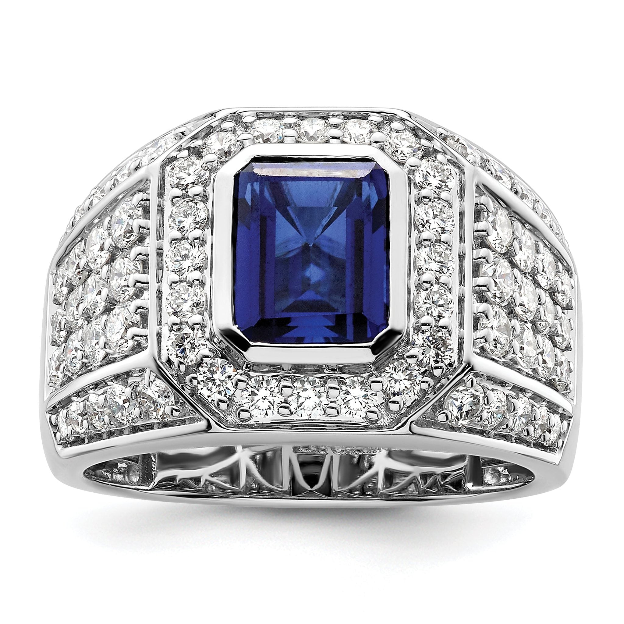 10k White Gold 1 7/8 carat Lab Grown Diamond VS/SI+ G+ and Lab Created Blue Sapphire Men's Ring Main image