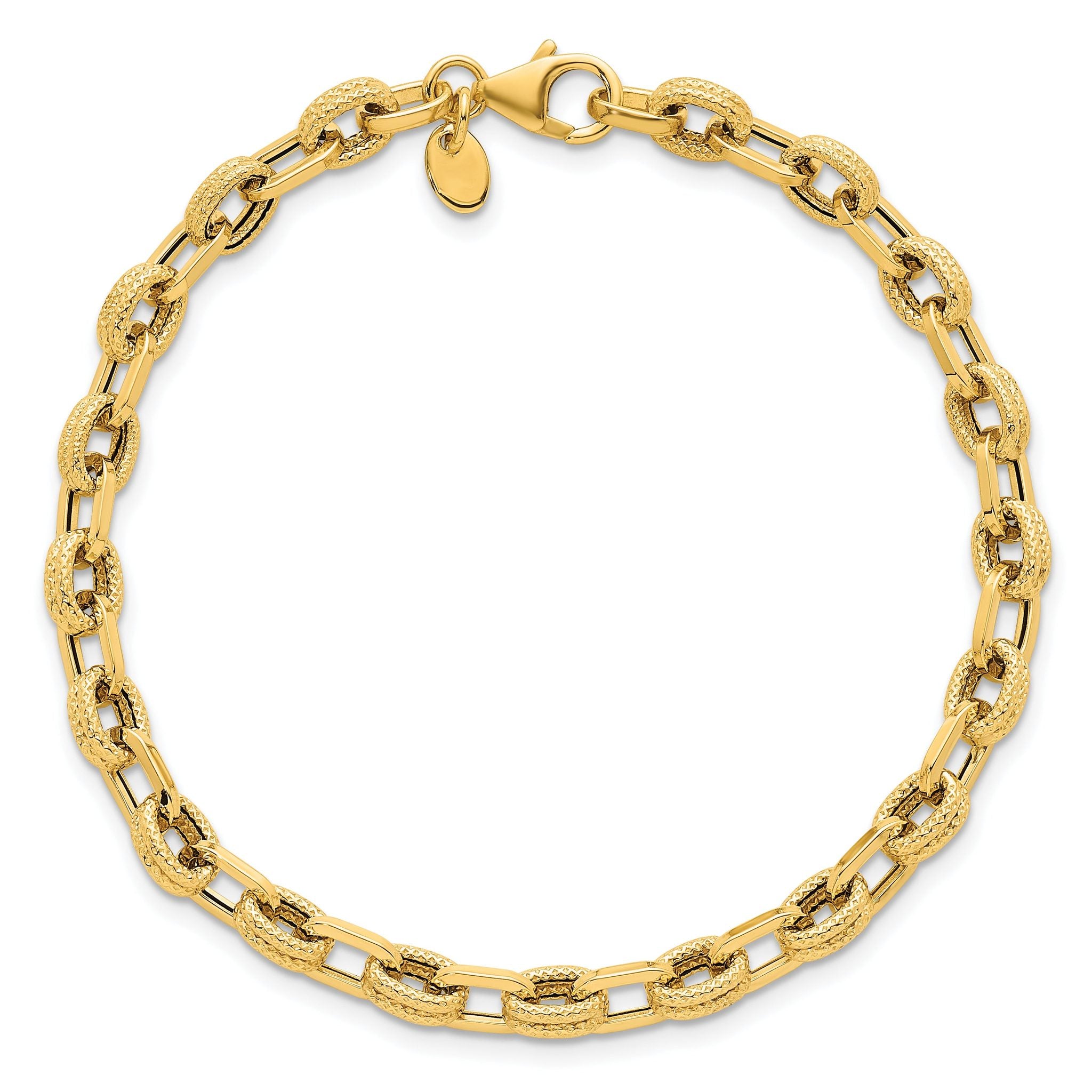 14k Polished and Textured 4.9mm Fancy Cable Link 7.5 inch Bracelet