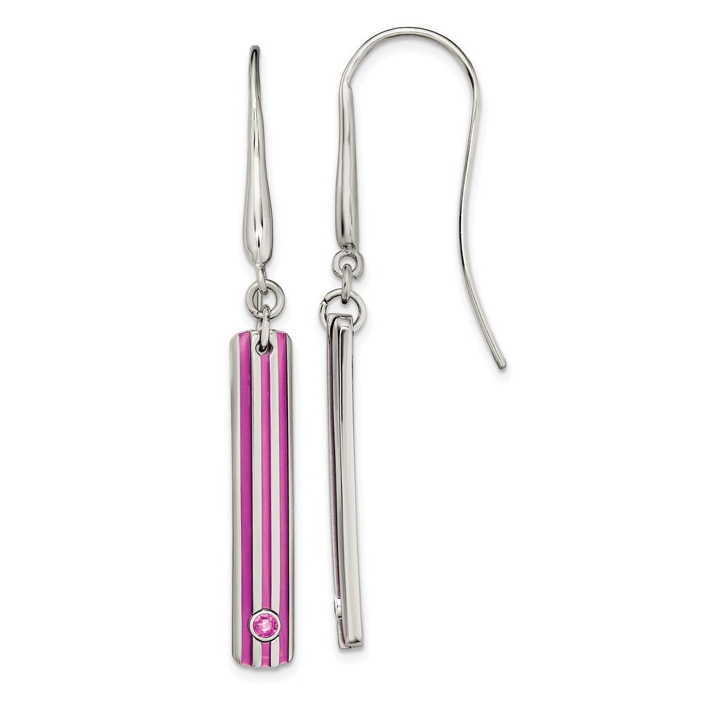 Titanium Drop Earrings with Pink Anodized Grooves and Sapphire Gemstone