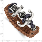 Stainless Steel Antiqued and Polished Anchor with Flower and Skulls Brown Leather Bracelet for Men