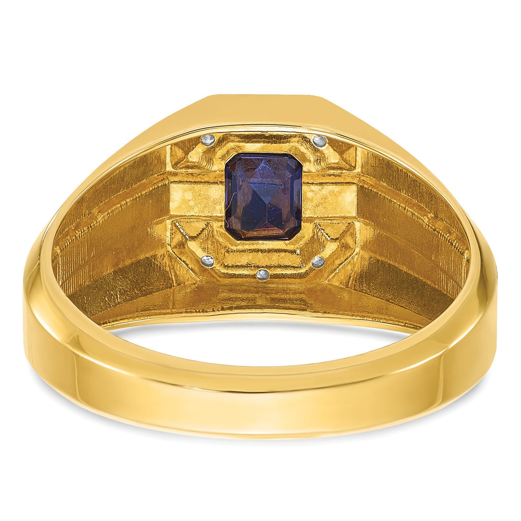 14k Mens Octagon Lab Created Sapphire and 1/20 carat Diamond Satin Complete Ring