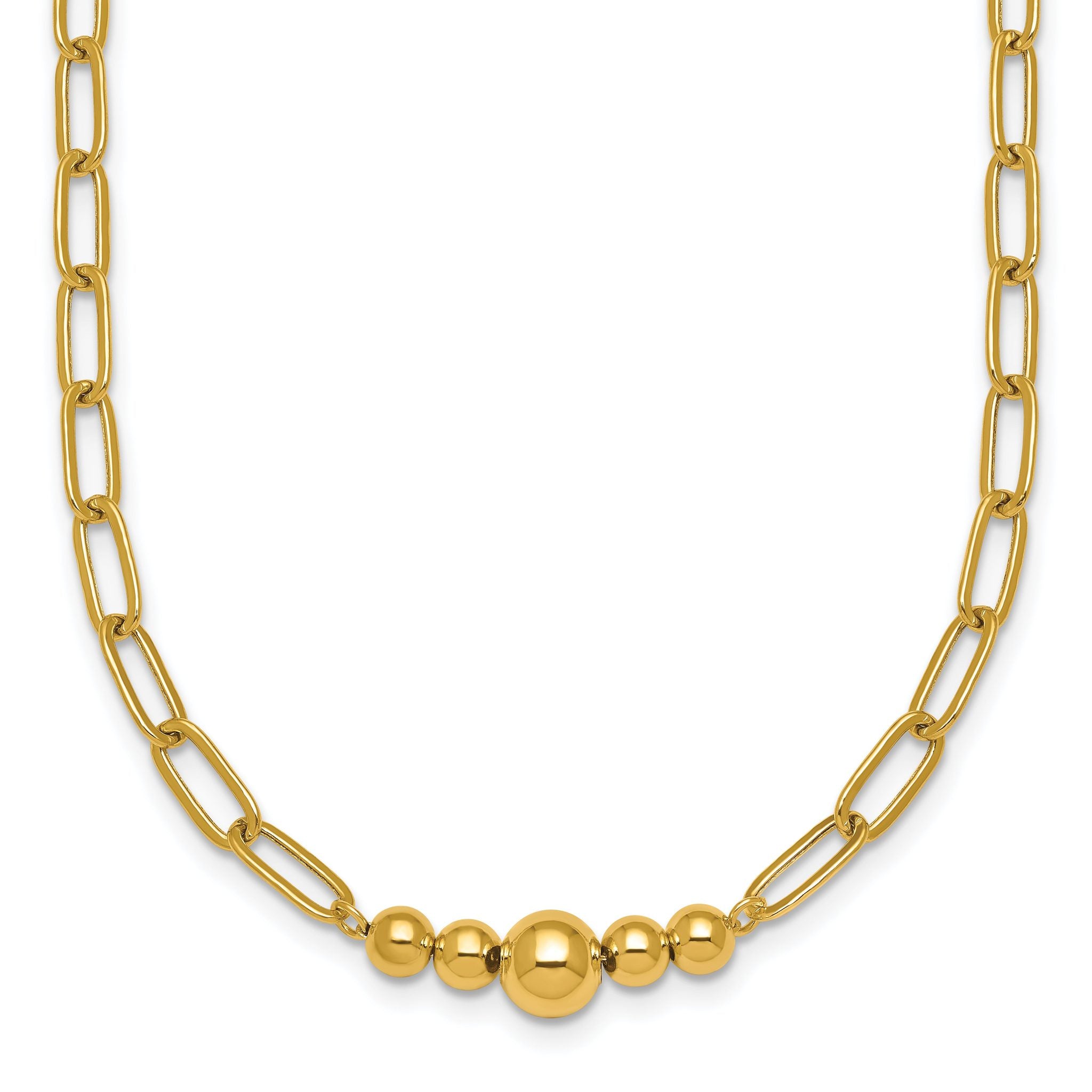 14K Polished Graduated Beads 18 inch Paperclip Link Necklace