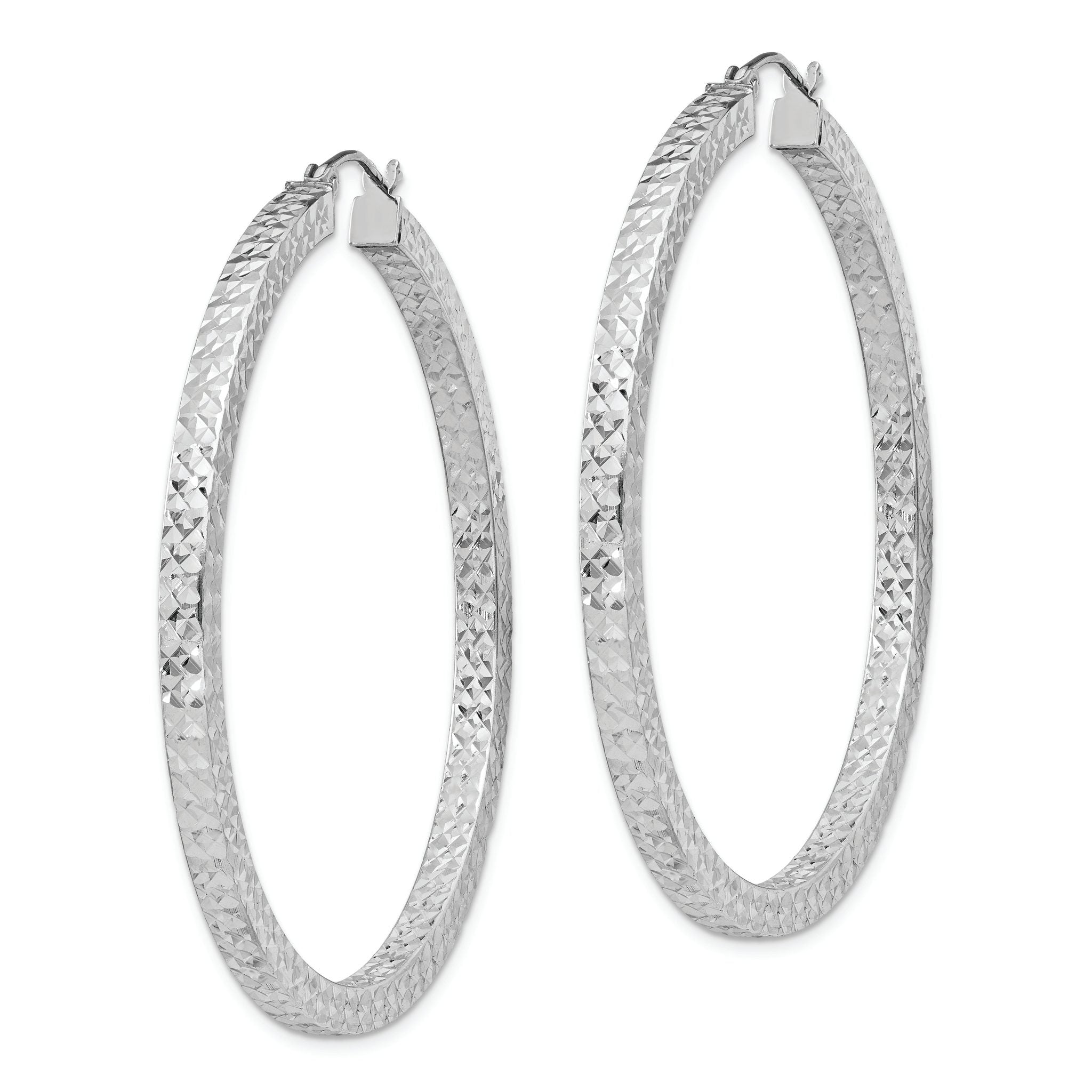 Sterling Silver Rhodium-plated Diamond-cut 3x50mm Square Tube Hoop Earrings Secondary image