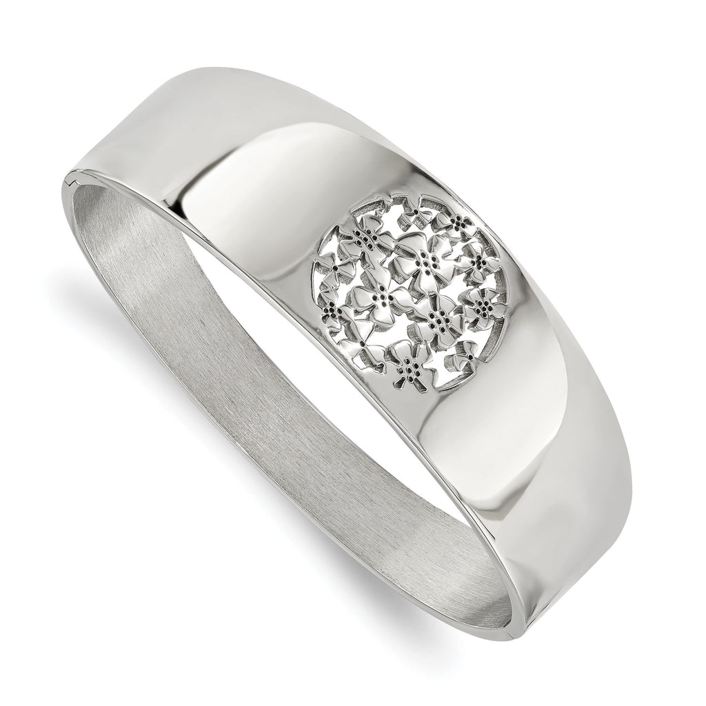 Stainless Steel Polished Circle Flower Cut-out Hinged Bangle Bracelet for Women