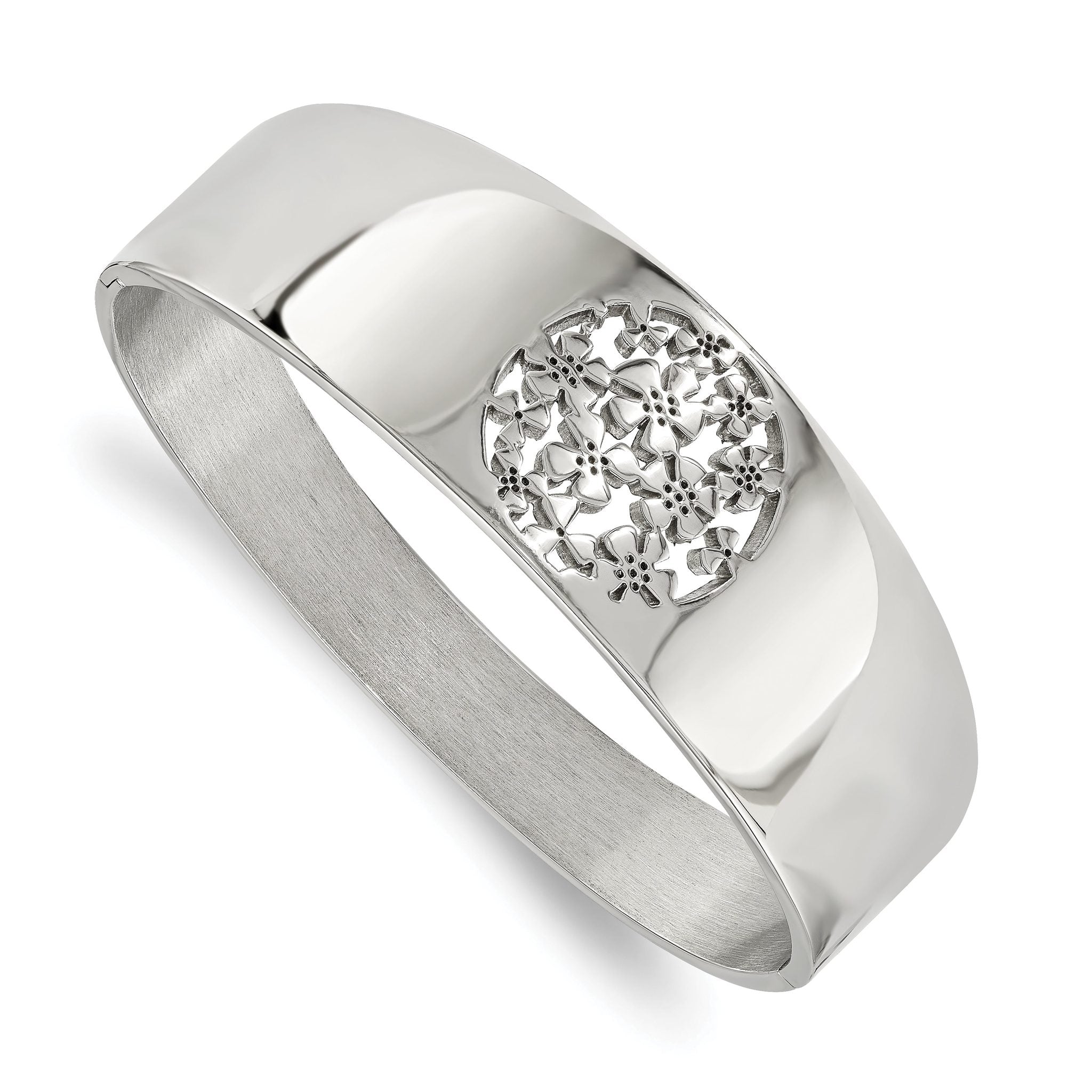 Stainless Steel Polished Circle Flower Cut-out Hinged Bangle Bracelet for Women