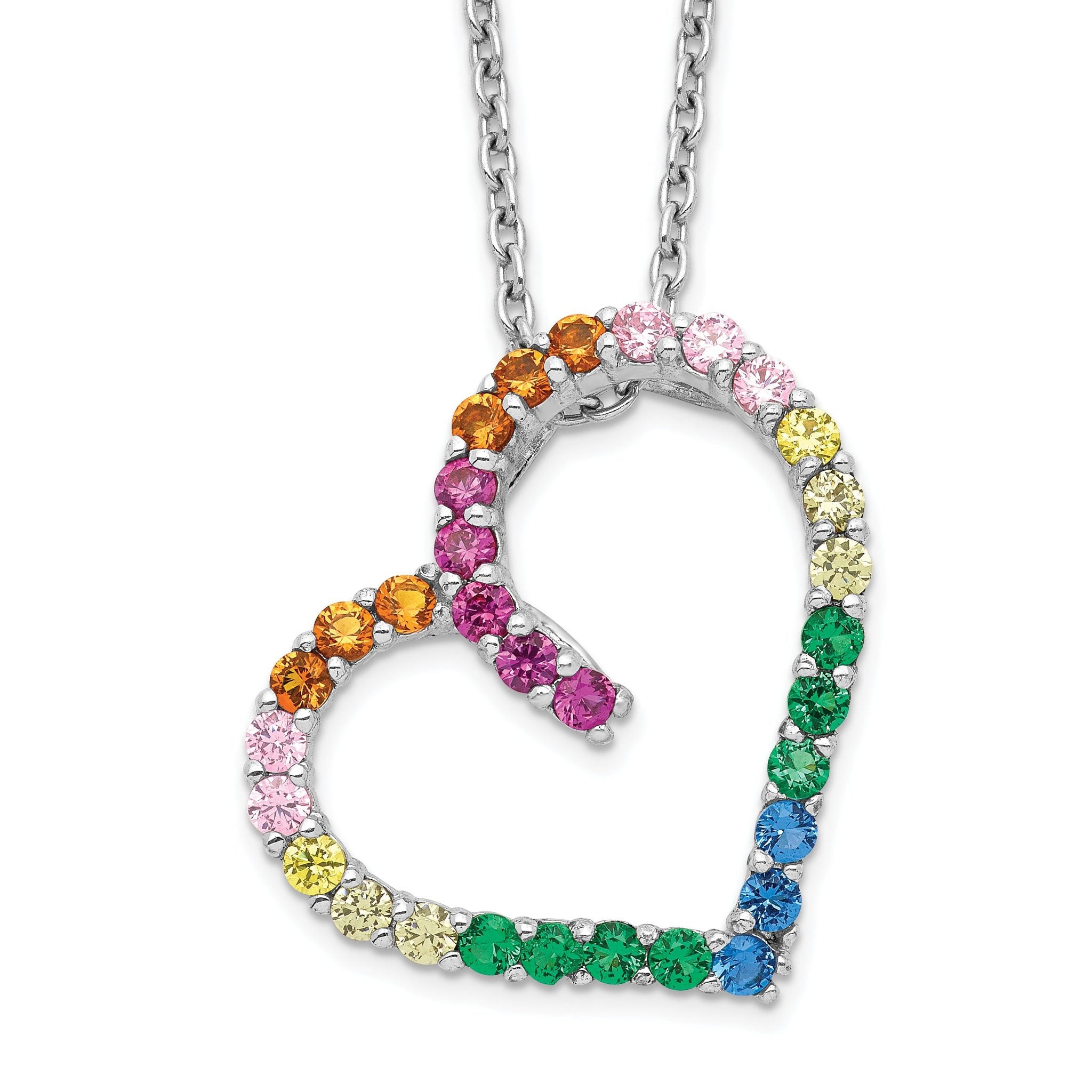 Prizma Sterling Silver Rhodium-plated 18 inch with 1 inch extender Fancy Lobster Clasp Colorful CZ Open Heart Necklace Main image