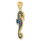14K Gold 3D Blue Enameled Seahorse Pendant with Polished Finish
