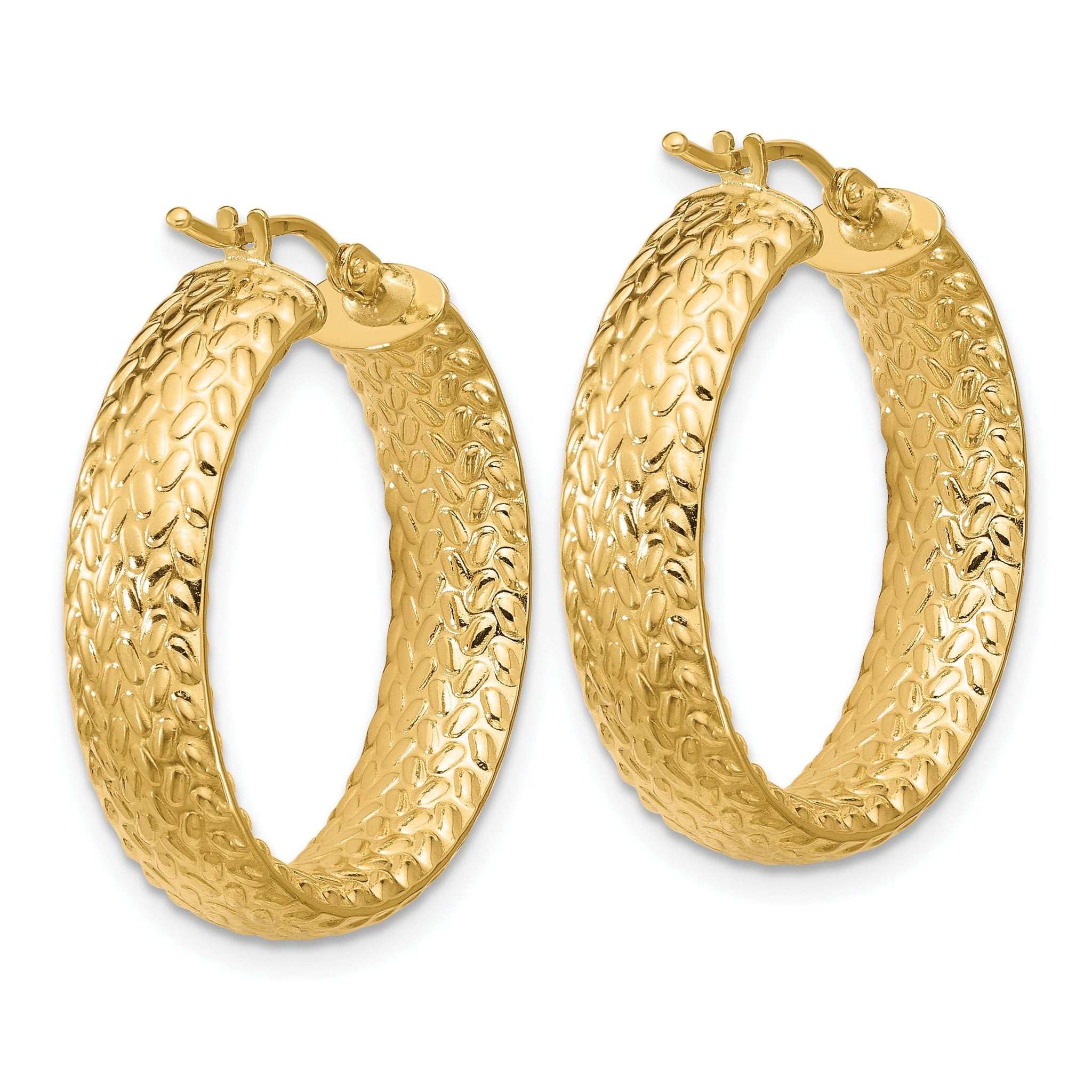 14K Polished Weave Design Round Hoop Earrings
