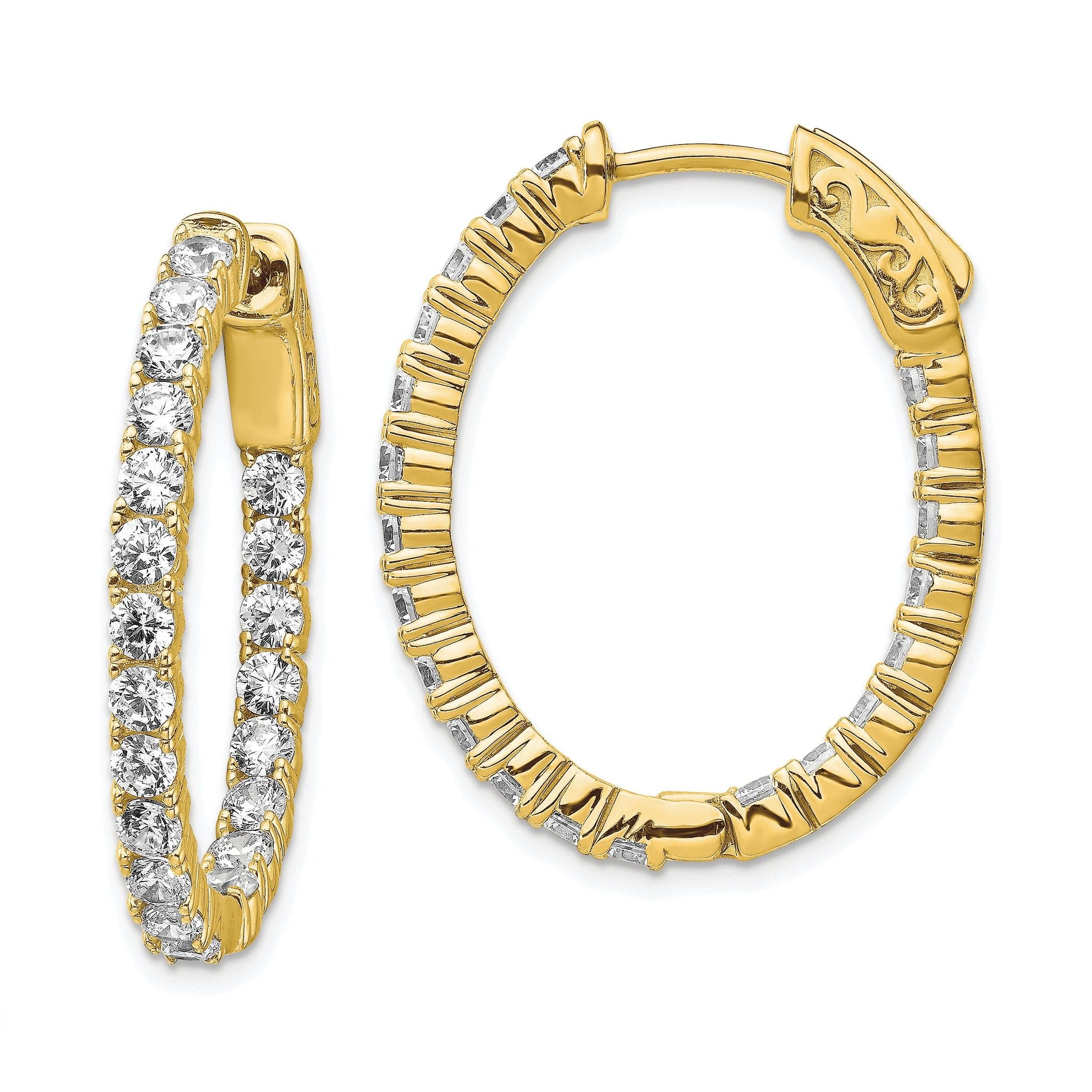 Sterling Shimmer Sterling Silver Gold-tone Flash Gold-plated 42 Stone 2.5mm CZ In and Out Oval Hinged Hoop Earrings