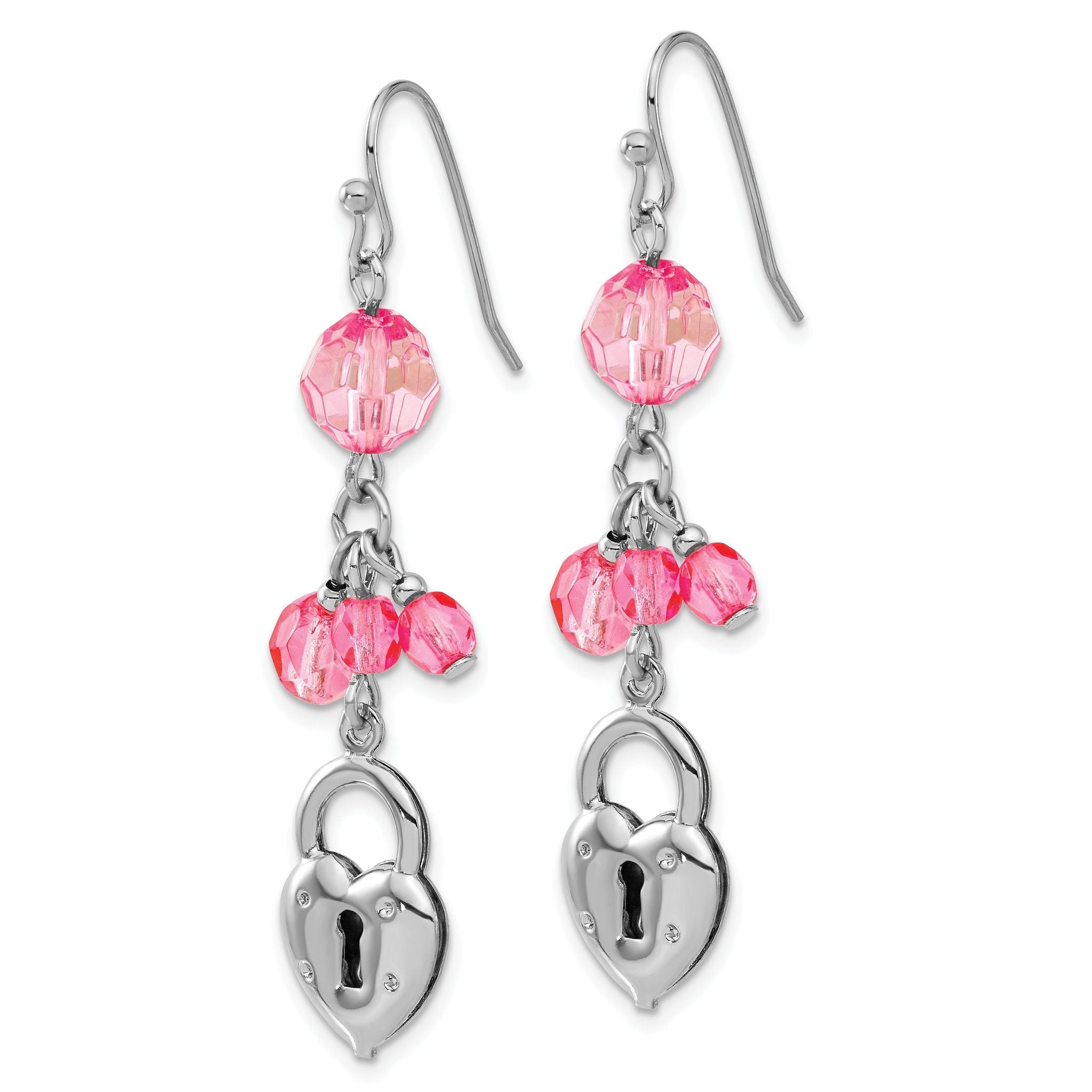 1928 Silver-tone Pink Glass Bead Heart Lock Dangle Earrings Secondary image