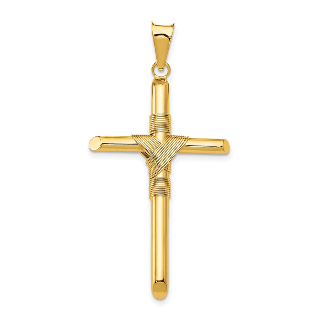 14K Gold Polished Cross Pendant with Center Wrap  Elegant 3D Design