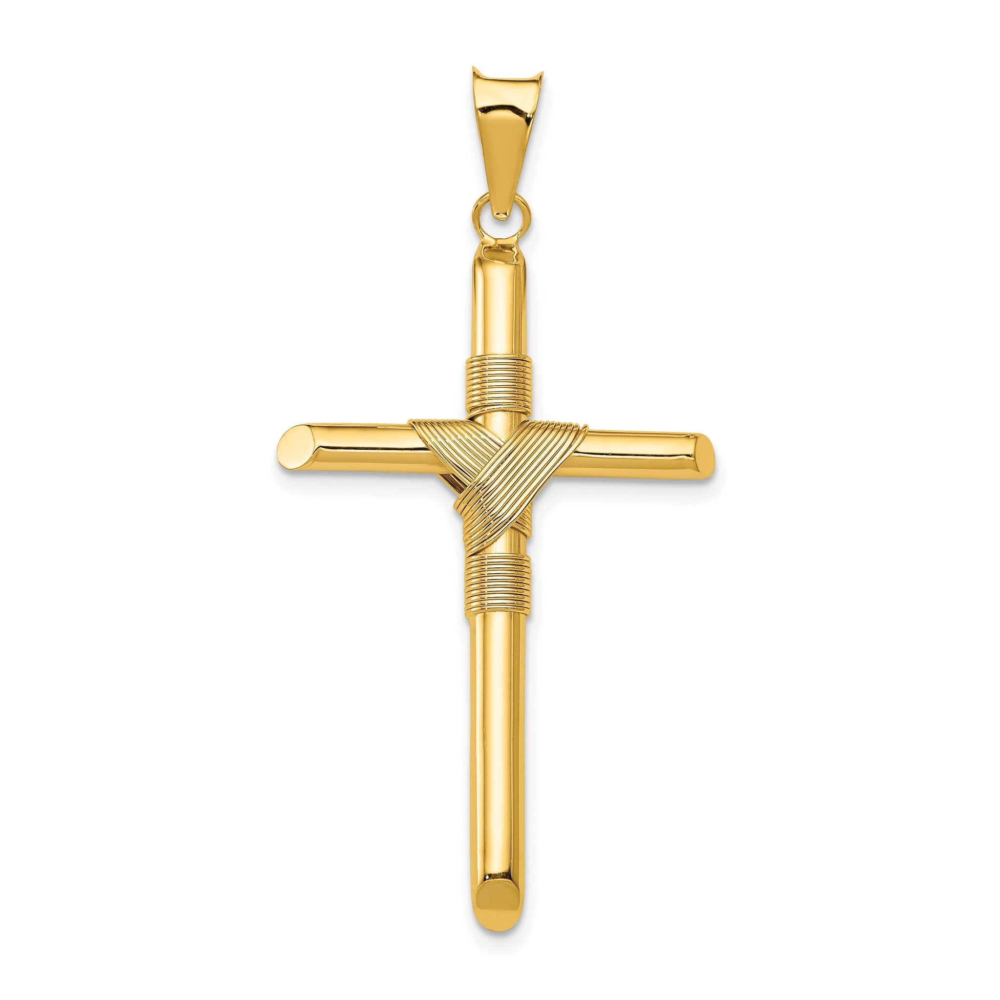 14K Gold Polished Cross Pendant with Center Wrap  Elegant 3D Design