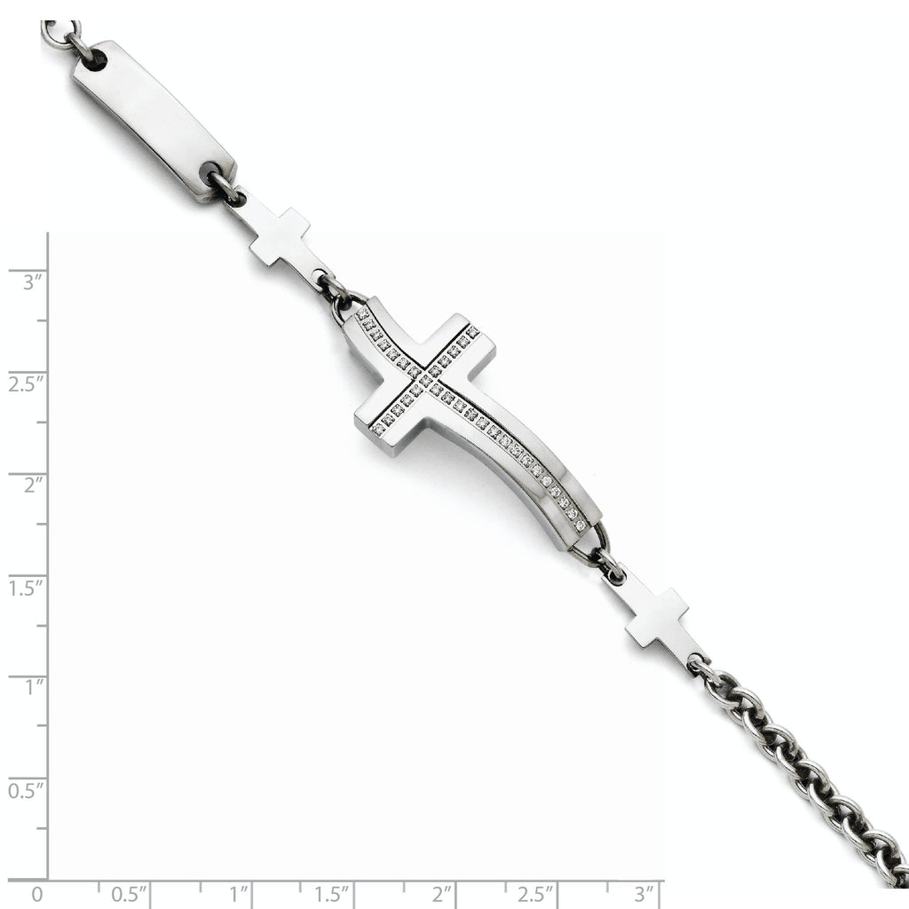 Stainless Steel Polished Wavy Cubic Zirconia Sideways Cross Bracelet for Women