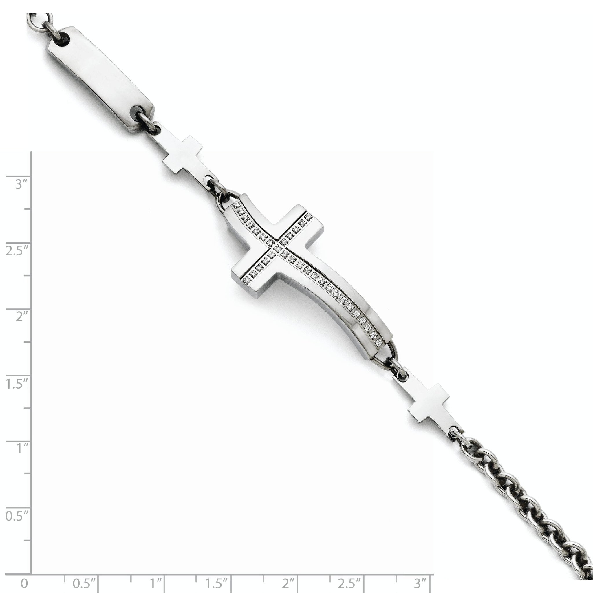 Stainless Steel Polished Wavy Cubic Zirconia Sideways Cross Bracelet for Women
