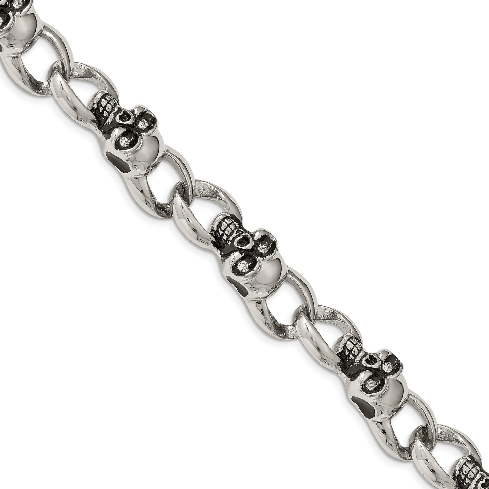 Stainless Steel Antiqued and Polished with Cubic Zirconia Skull Link Bracelet for Men