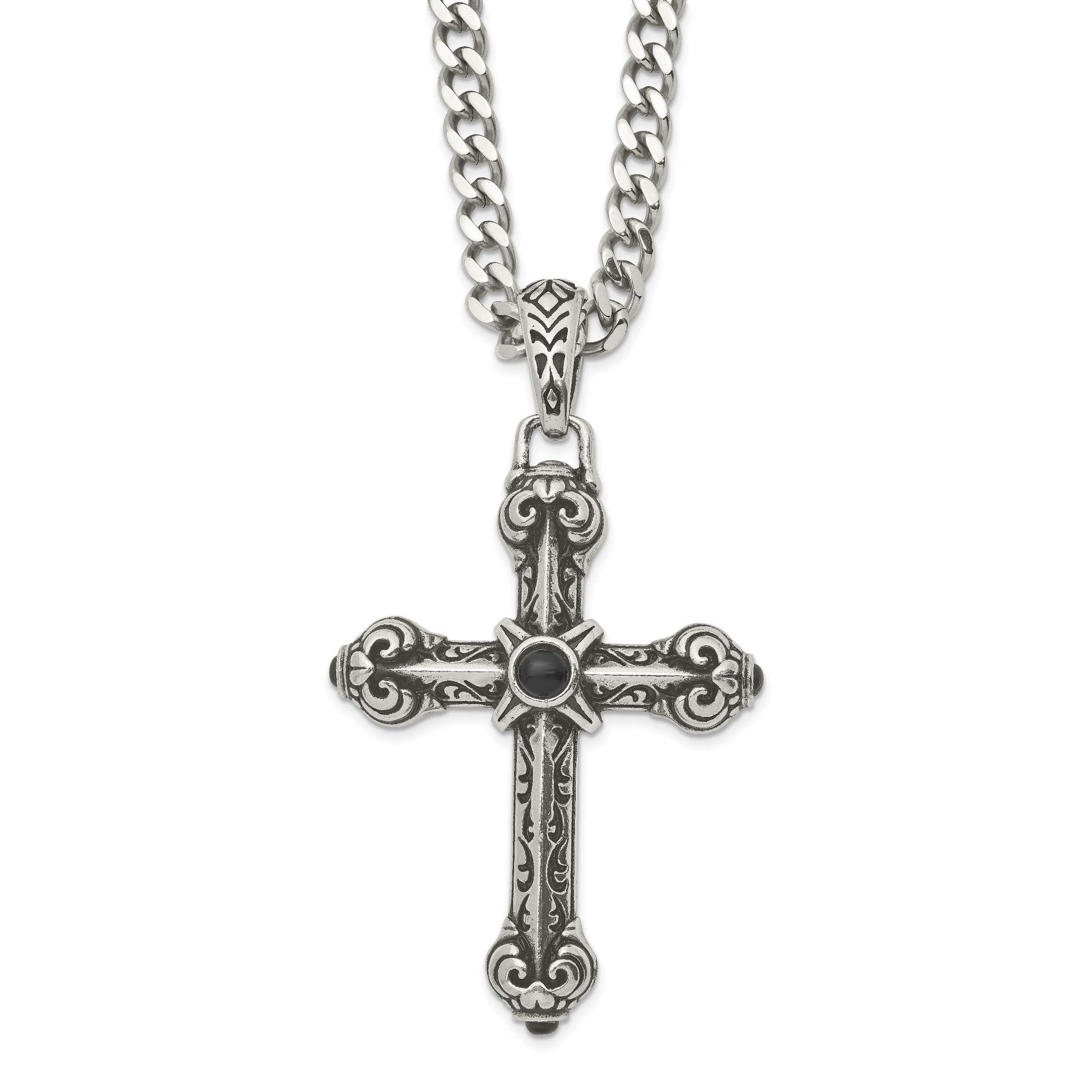 Sophia Jewelers Men's Stainless Steel Cross Pendant with Black Agate on 24 Curb Chain Main image