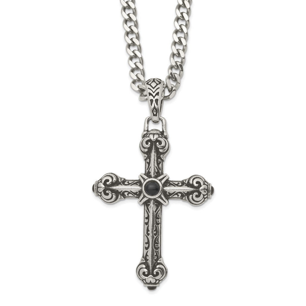Sophia Jewelers Men's Stainless Steel Cross Pendant with Black Agate on 24 Curb Chain