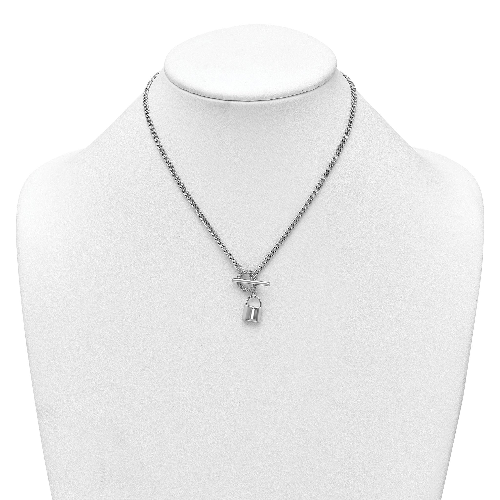 Sterling Silver Rhodium-plated CZ 16 inch with 2 inch extender Lock Pendant Toggle Necklace