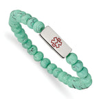 Stainless Steel Polished with Red Enamel Medical ID 6.5mm Turquoise Glass Beaded Stretch Bracelet
