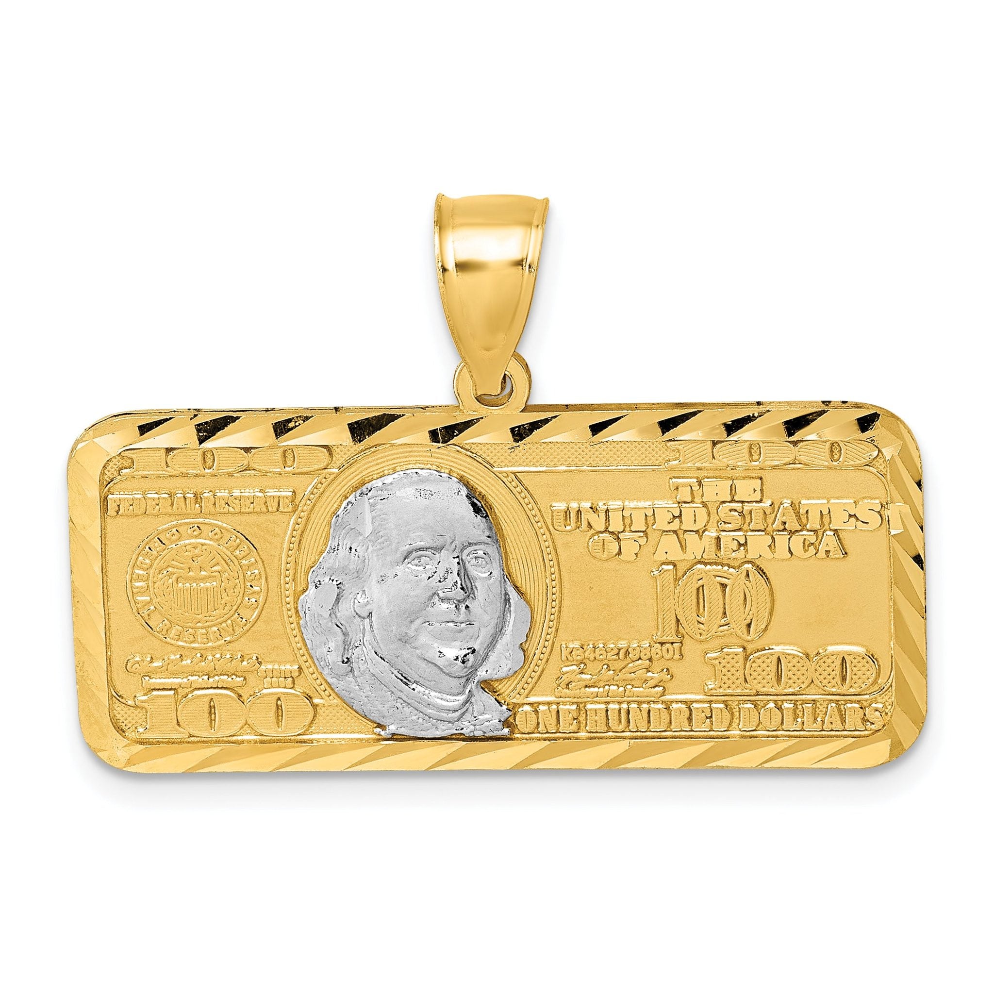 14k Polished with Rhodium Diamond-cut 100 Dollar Bill Pendant Main image